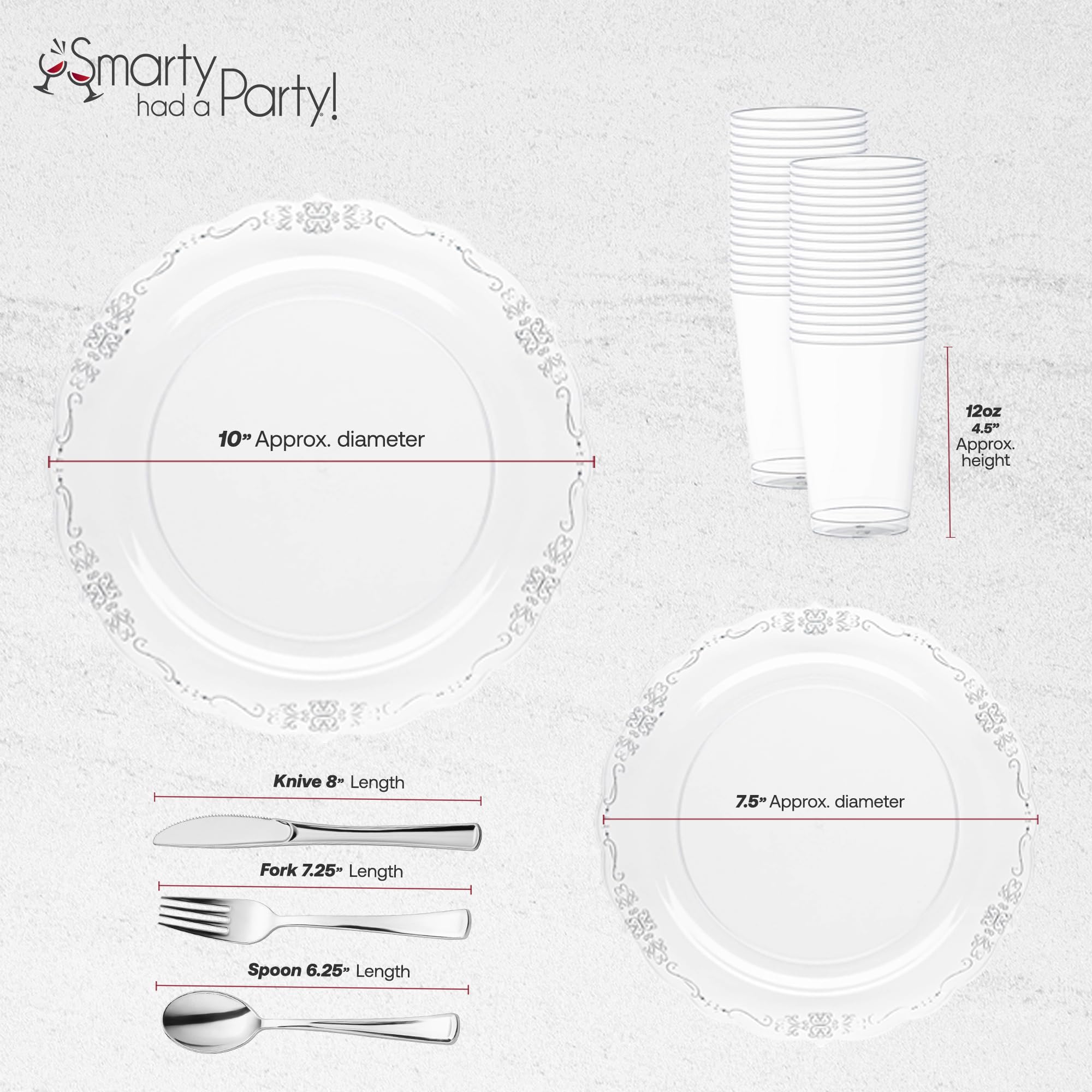 Smarty Had A Party Elegant Plastic Plates Wedding Value Set for 120 Guests - Clear with Silver Plates, Silverware & Clear Plastic Cups | Perfect for Weddings, Bridal Showers & Formal Events