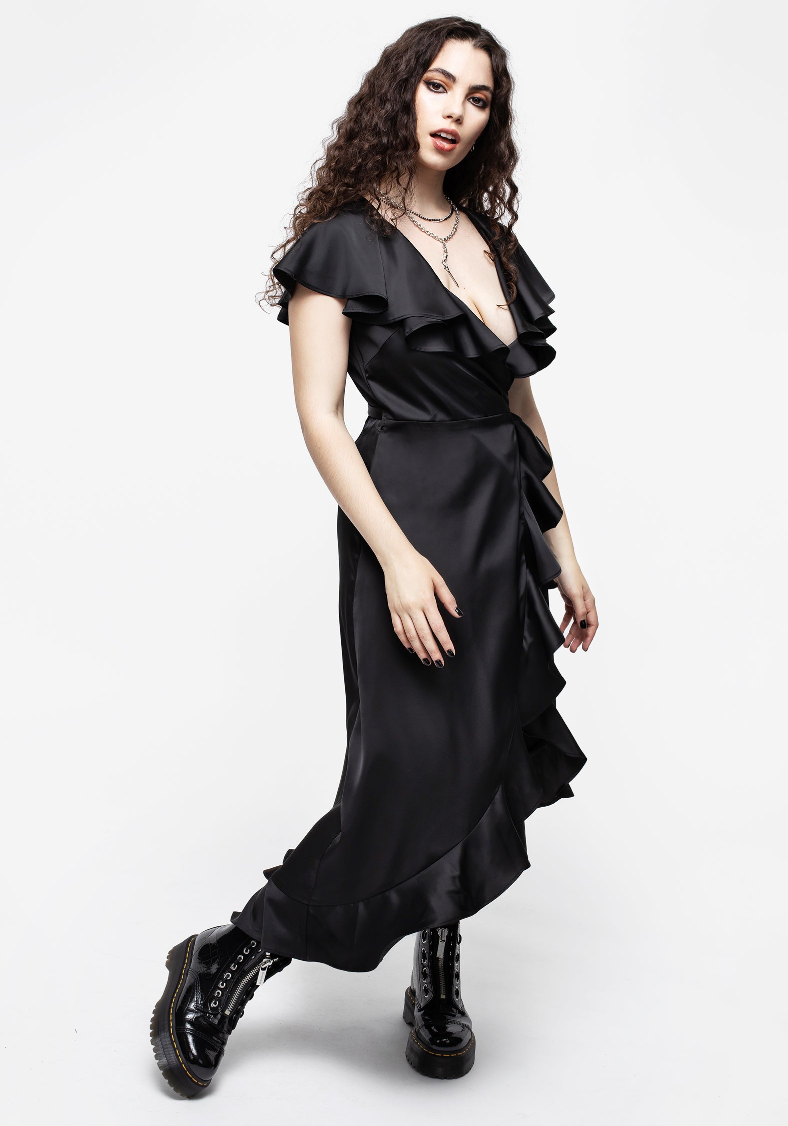 Linnette Women's Satin Ruffle Wrap Midi Dress - Elegant Party & Wedding Guest Dress for Special Occasions
