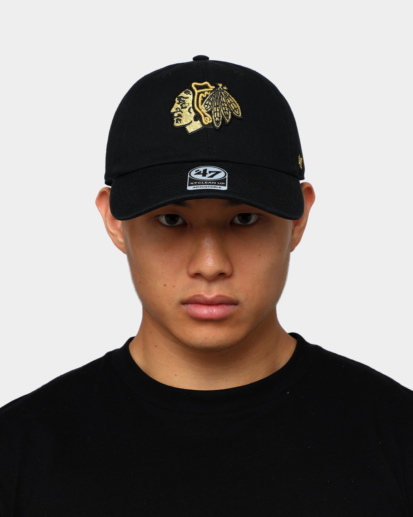 47 Brand Chicago Blackhawks Clean Up Snapback Hat - Black & Gold Adjustable Baseball Cap for Men - Perfect for Game Day, Sports Events & Streetwear Fashion