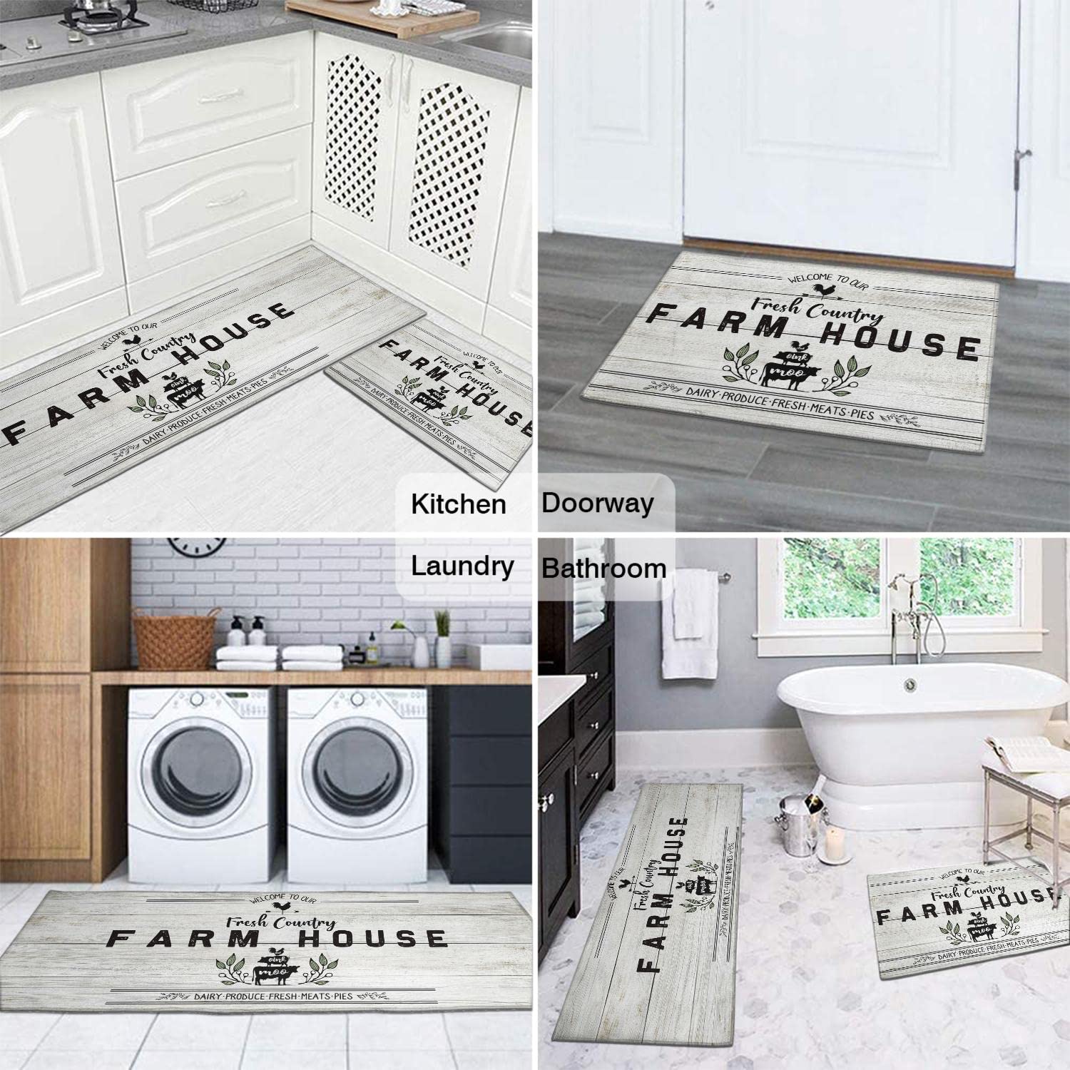 Farmhouse Kitchen Rugs and Mats - Non-Slip Anti Fatigue Floor Mat Set (17x30 + 17x47 Inch) - Waterproof Washable Farmhouse Style Rug for Kitchen, Laundry & Entryway - Comfortable Cushioning for Standing & Cooking
