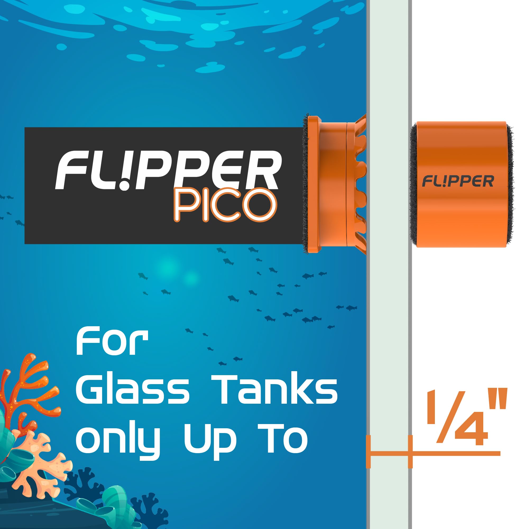 FL!PPER Pico 2-in-1 Magnetic Aquarium Glass Cleaner & Algae Scraper - Orange Fish Tank Cleaning Tool for Freshwater & Saltwater Aquariums - Perfect for Home, Office, and Pet Store Use