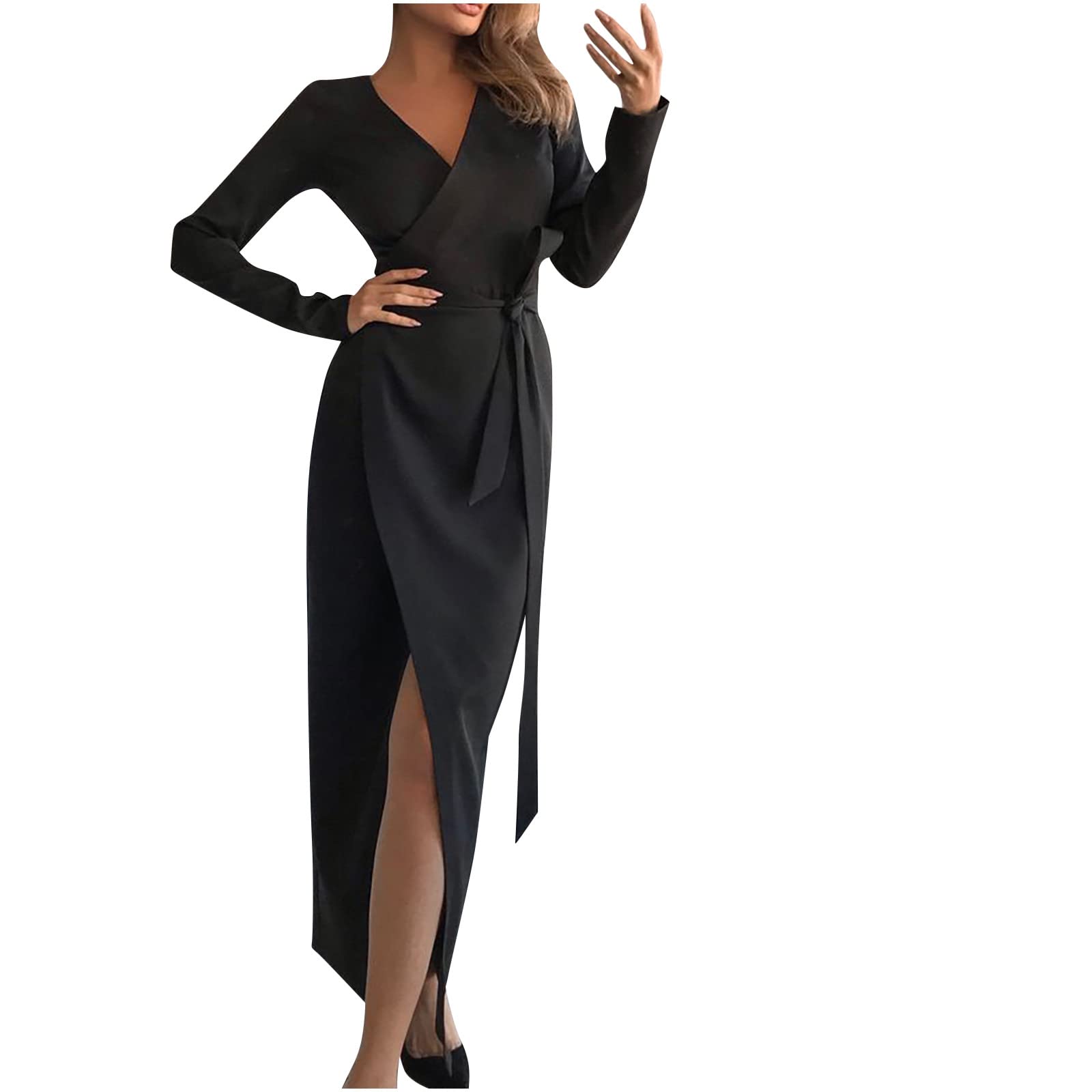 JSGJOCOM Women's Elegant Side Slit Long Sleeve Bridesmaid Dress - V Neck Formal Evening Gown for Wedding Guest, Party & Special Occasions | Perfect for Cocktail Receptions, Holiday Galas & Black Tie Events