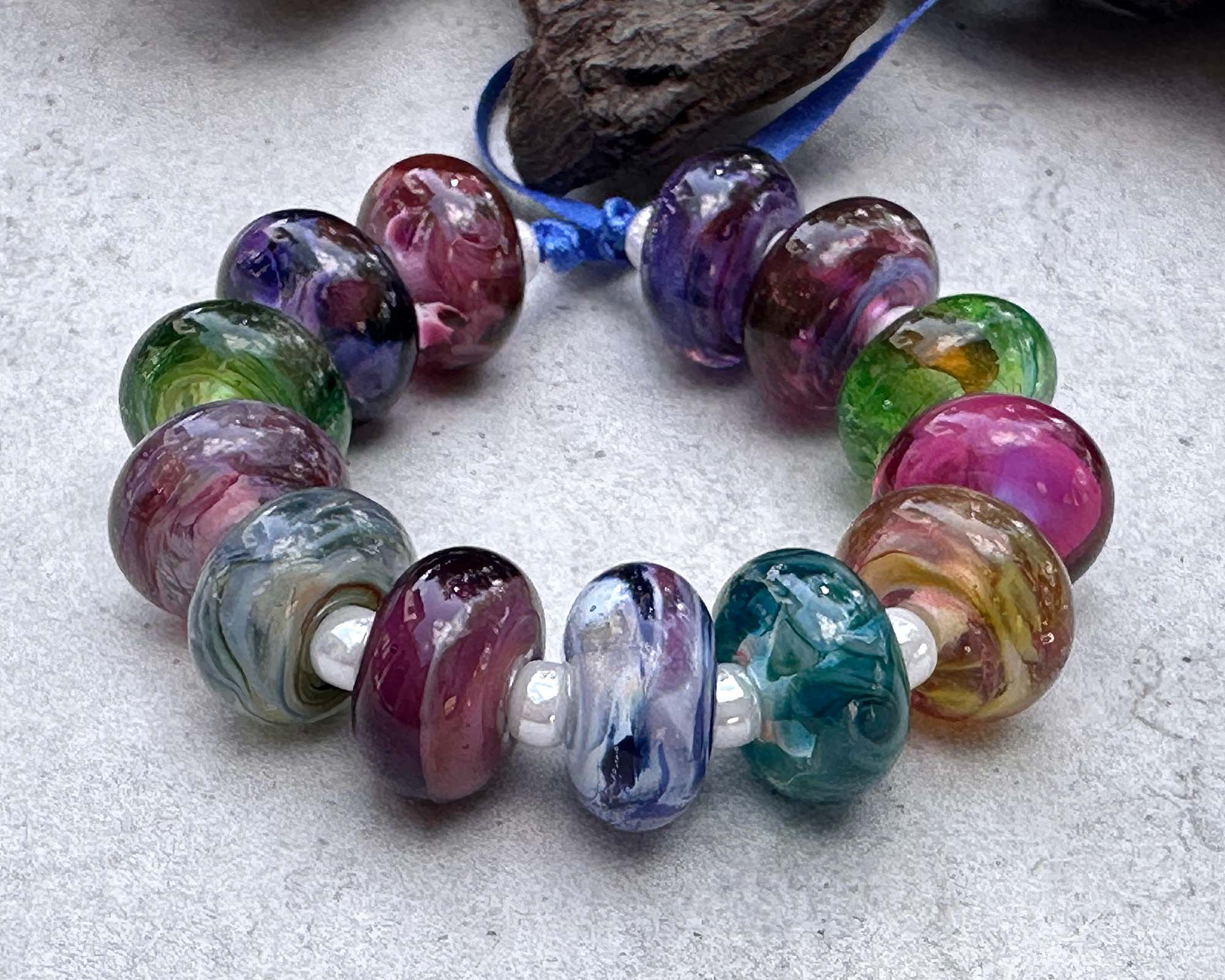 14 Colorful Swirls Lampwork Glass Beads Set for Jewelry Making - DIY Bracelet, Necklace & Craft Projects - SRA Certified Artisan Beads