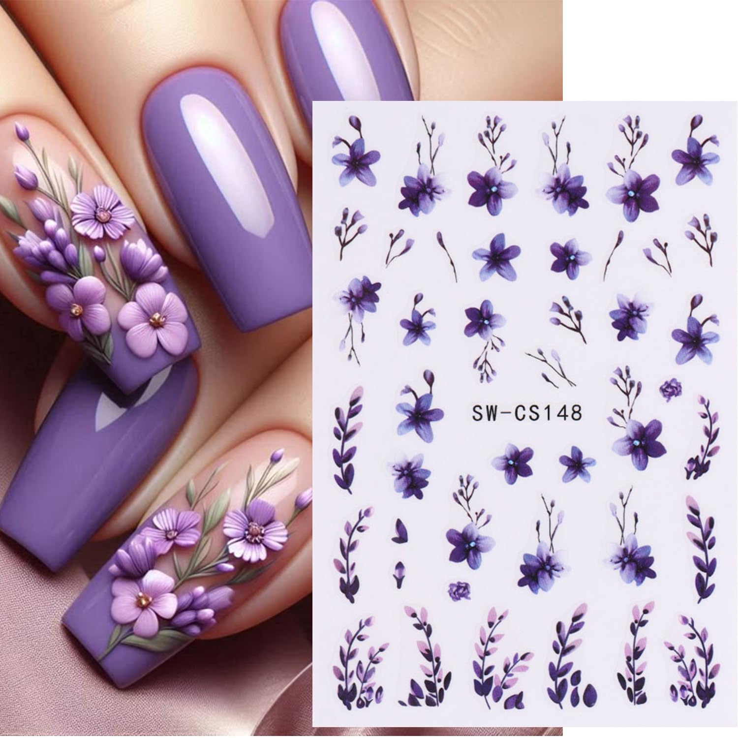 3D Self-Adhesive Lavender Floral Nail Stickers - 6PCS Spring Nail Art Decals with Pink Blue Flower Designs | DIY Nail Decorations for Women | Perfect for Spring Parties, Weddings & Everyday Nail Art