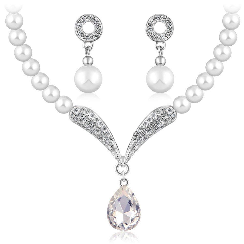 Shining Diva Fashion Crystal Pearl Necklace Set with Matching Earrings - Elegant Jewelry Gift for Women & Girls (White) | Perfect for Weddings, Parties & Special Occasions (rrsd8494s)