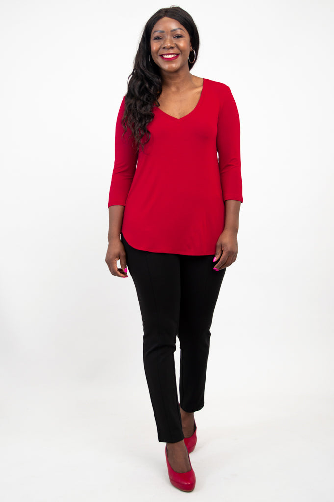 Jackie 3/4 Sleeve Women's Tops - Soft Bamboo Fabric Lipstick Red Blouse for Casual Wear & Office Outfits