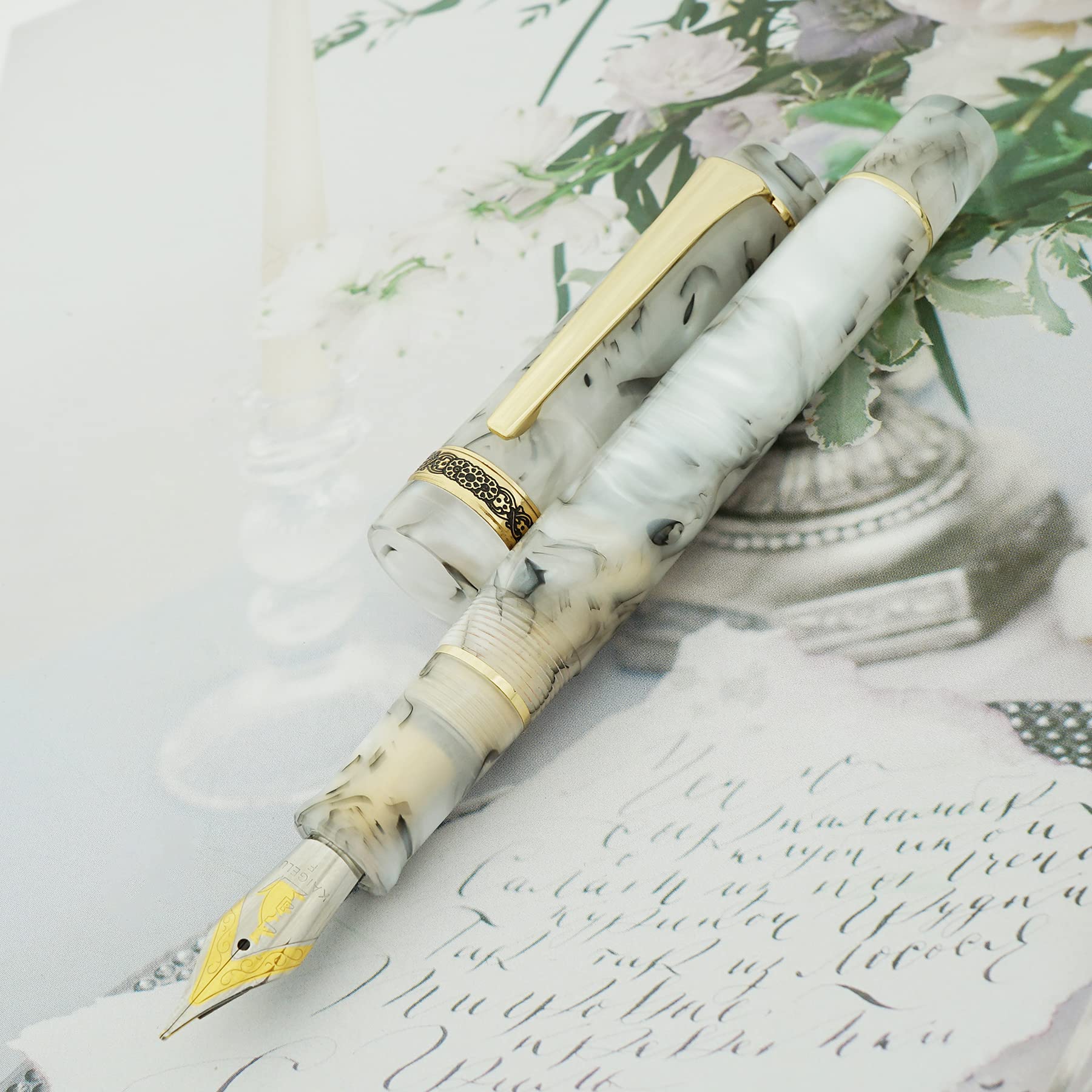 Asvine Kaigelu 316 White Marble Acrylic Fountain Pen with Iridium Medium Nib - Classic Elegant Writing Instrument with Ink Converter for Calligraphy, Journaling & Office Use