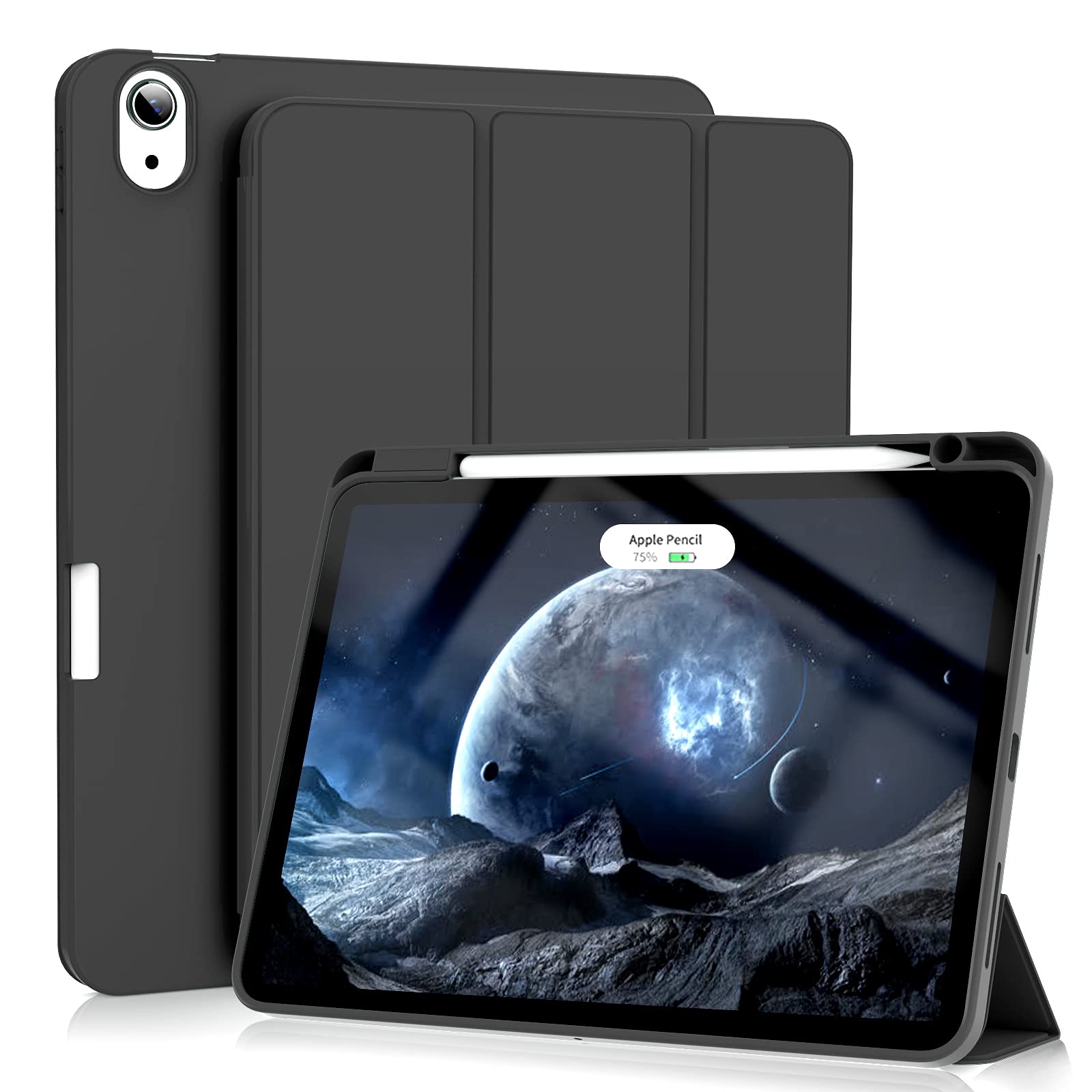 Premium iPad Air 5th/4th Generation Case (10.9 Inch 2022/2020) - Shockproof TPU Cover with Pencil Holder, Touch ID Support & Adjustable Stand | Perfect for Work, Study & Travel | Black