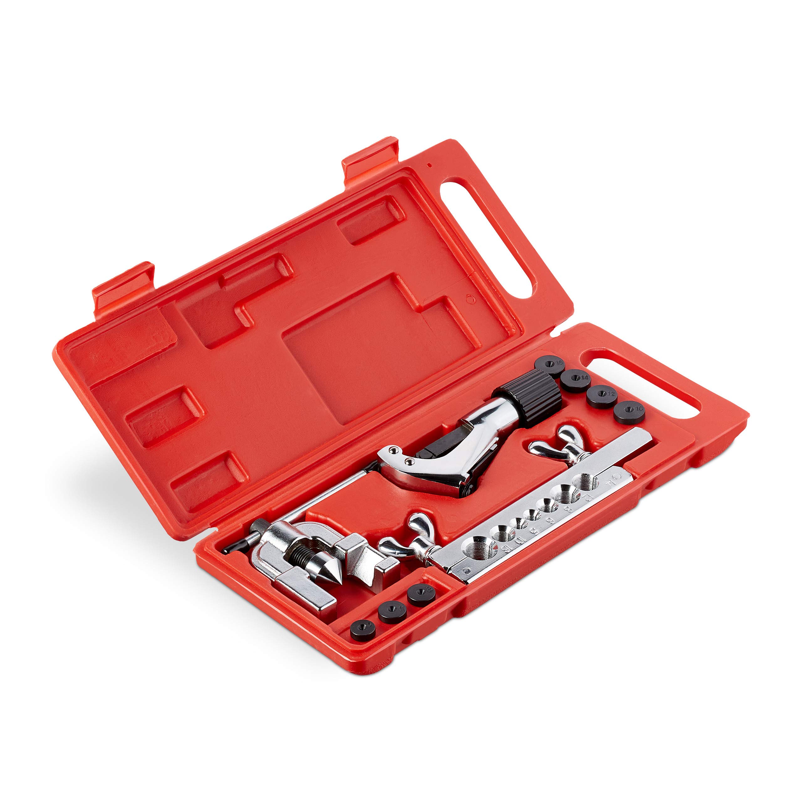 Professional Flaring Tool Kit with Pipe Cutter for 5-16mm Copper & Aluminum Pipes - Brake Line Repair, HVAC & Plumbing Projects - Silver/Black/Red
