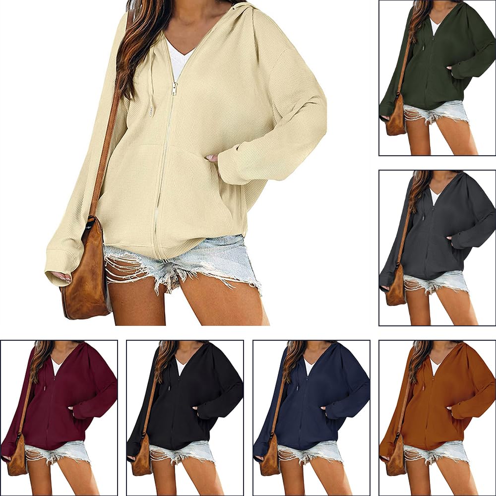 TBA Women's Waffle Knit Hooded Zip-Up Jacket - Loose Fit Long Sleeve Casual Sweatshirt with Drawstring & Pockets | Perfect for Outdoor Activities, Lounge Wear & Fall Layering