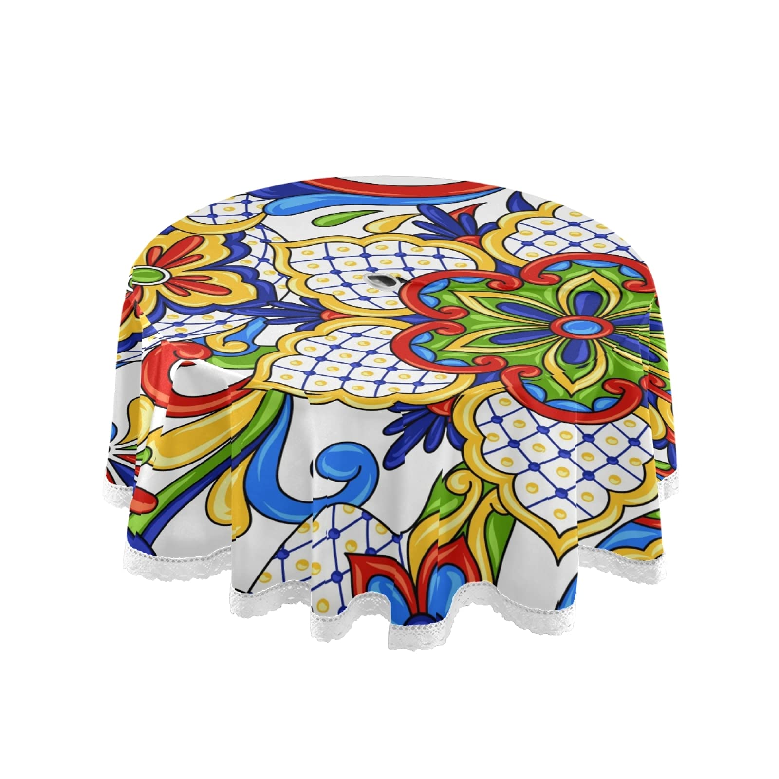 Qilmy 60 Inch Round Tablecloth - Waterproof & UV Resistant Mexican Talavera Tile Design with Umbrella Hole Zipper - Perfect for Indoor Outdoor Use, Patio Dining, Picnics, Backyard BBQs, and Garden Parties