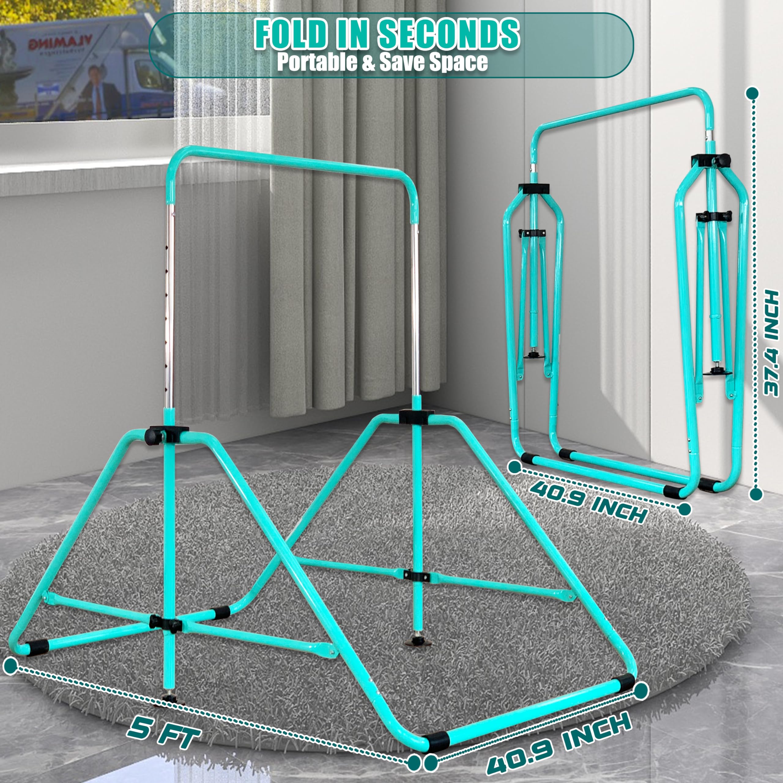 Foldable Gymnastic Bar with Mat for Kids Ages 3-12 | 200 lbs Weight Capacity | Adjustable Height Kip Bar | Home & Gym Training Equipment | Perfect for Backyard Play, Indoor Practice & Gymnastics Classes