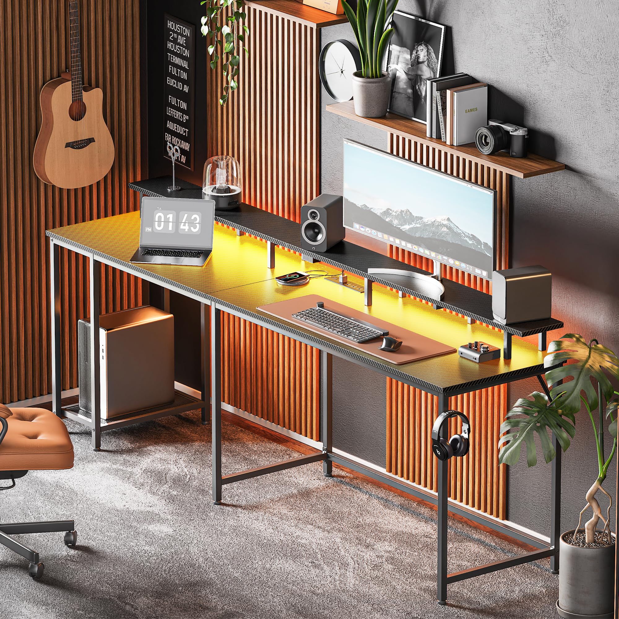 SUPERJARE L-Shaped Gaming Desk with LED Lights & Power Outlets, Ergonomic Computer Desk with Monitor Stand & Headphone Hooks, Carbon Fiber Black Home Office Corner Desk for Streaming, Gaming & Workstation Setup