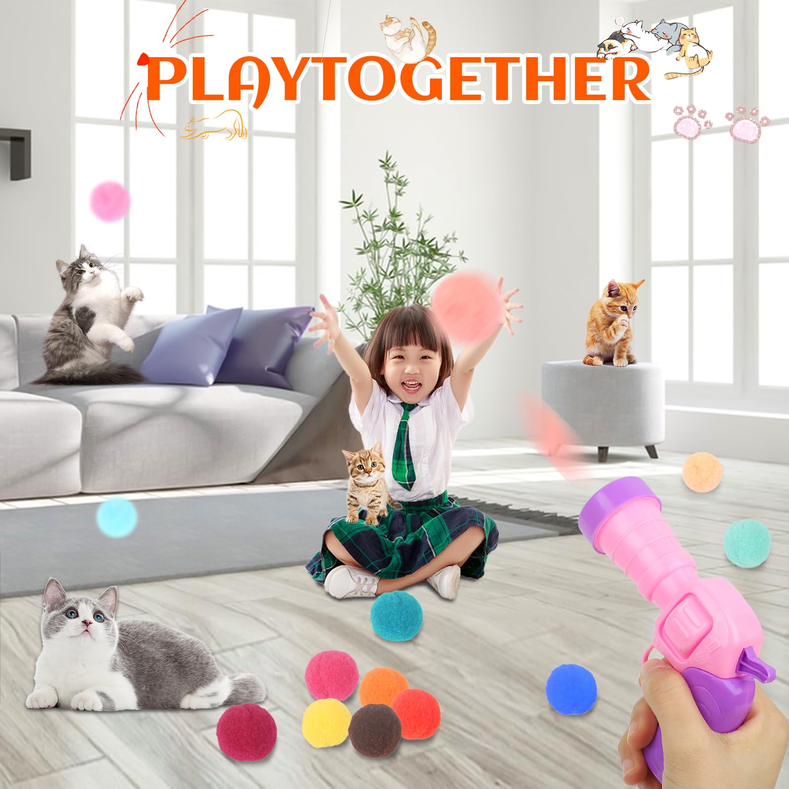 Silent Plush Elastic Cat Ball Launcher Toy with 80 Pom Pom Balls - Interactive Kitty Toy for Indoor Exercise & Play - Perfect for Active Cats & Playful Kittens - Great for Bonding & Stimulating Your Feline Friend (Pink)