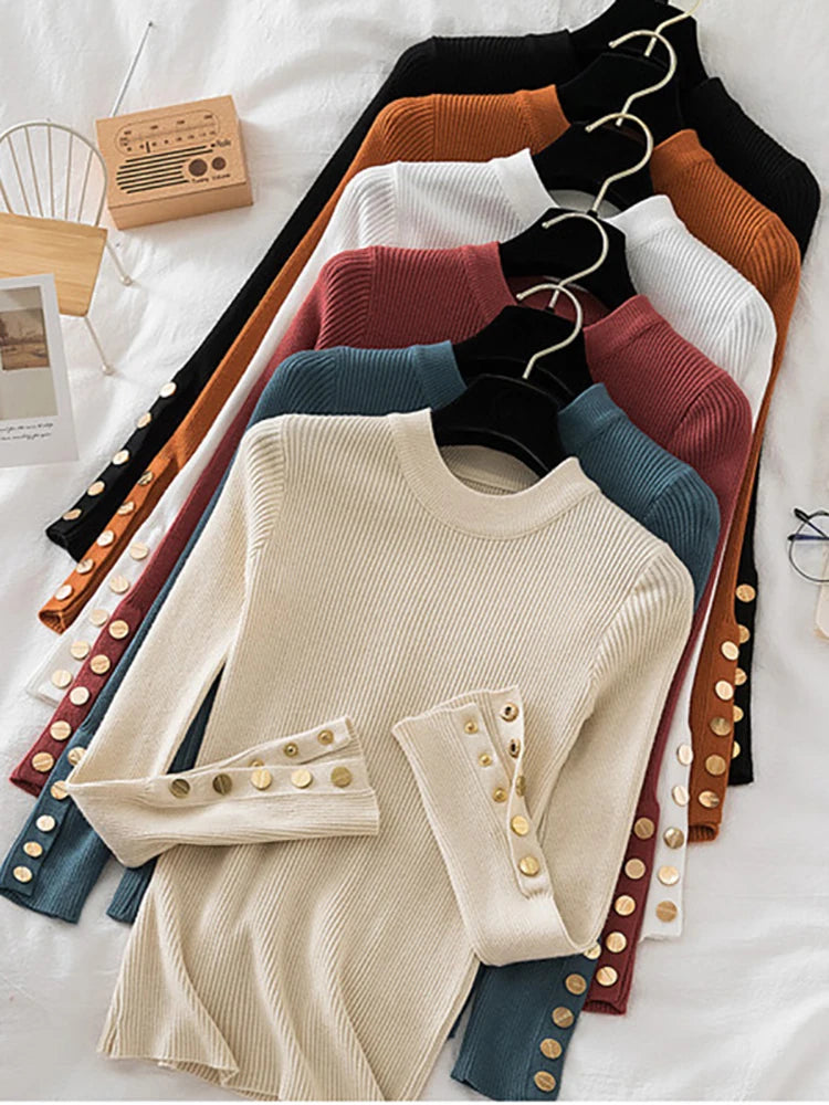 Thick Buttoned Long Sleeve O-Neck Sweater for Women - Cozy Winter Pullover for Casual Outfits & Office Wear