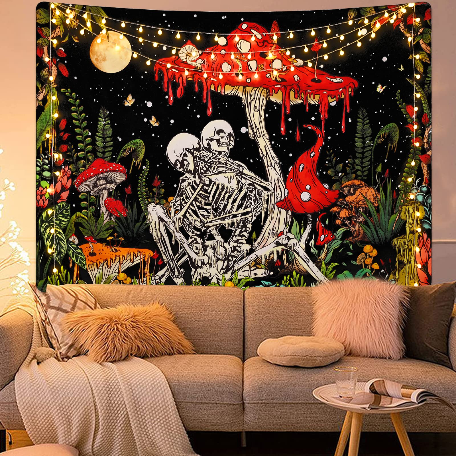 Uspring Skull Mushroom Tapestry - Gothic Galaxy Wall Hanging with Skeleton & Moon Design for Hippie Bedroom Decor (70.9