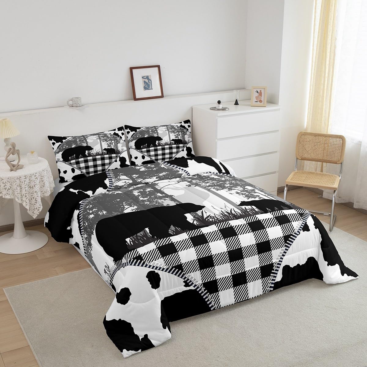 Erosebridal Rustic Bear Wildlife Animal Twin Comforter Set - Cowhide Print Woodland Bedding for Kids, Boys, Girls & Teens - Includes 1 Comforter & 1 Pillowcase - Perfect for Cozy Bedrooms, Cabin Decor & Nature-Themed Kids' Rooms