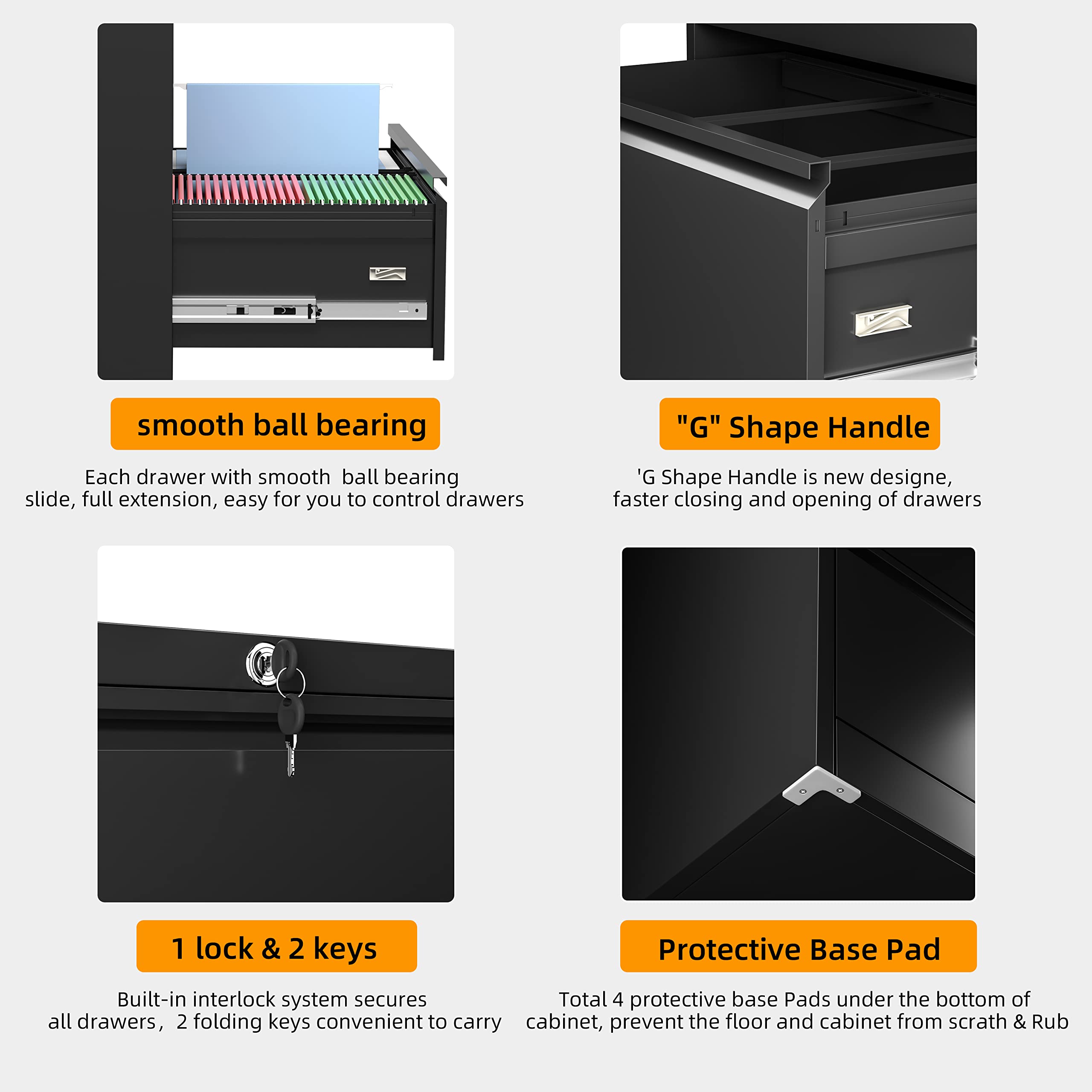 INTERGREAT 3-Drawer Black Lateral File Cabinet with Lock - Legal/Letter & A4 Size Metal Steel Locking Wide Filing Cabinet for Home Office - Perfect for Document Storage, Office Organization & Secure File Keeping