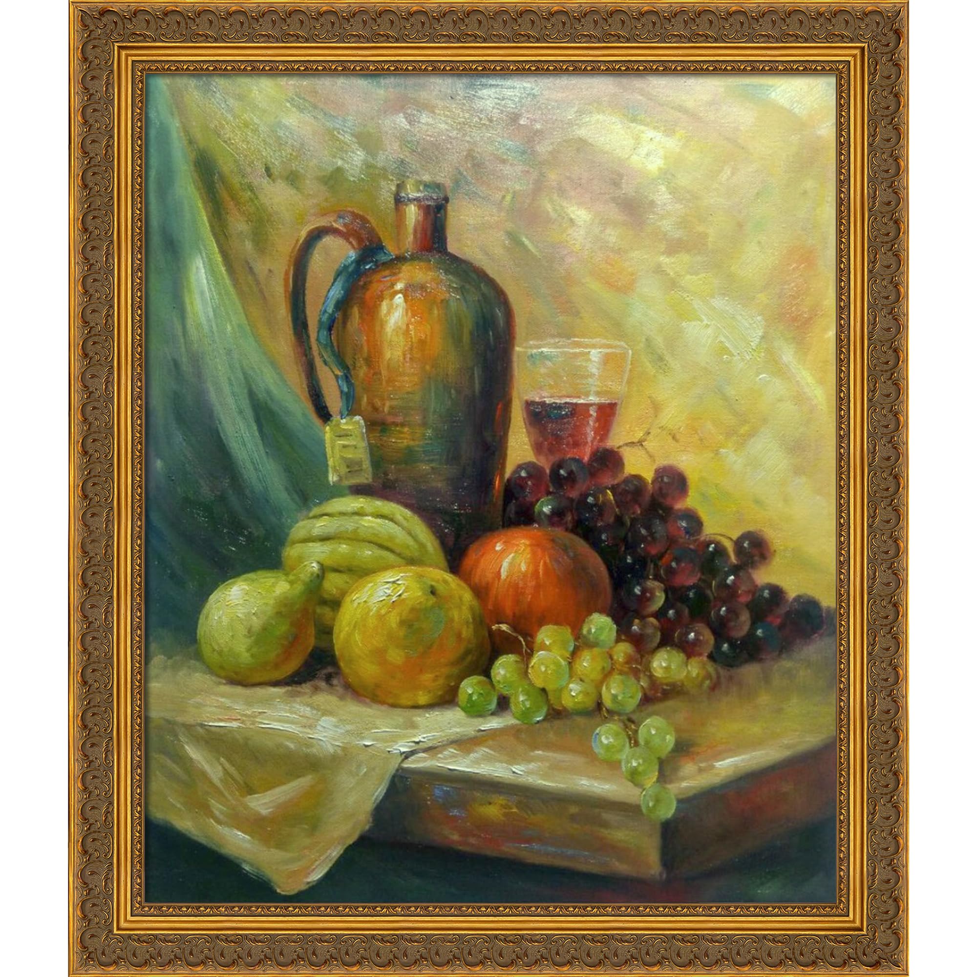 La Pastiche Still Life Painting - Fruit and Drink Art Reproduction in Baroque Antique Gold Frame (24