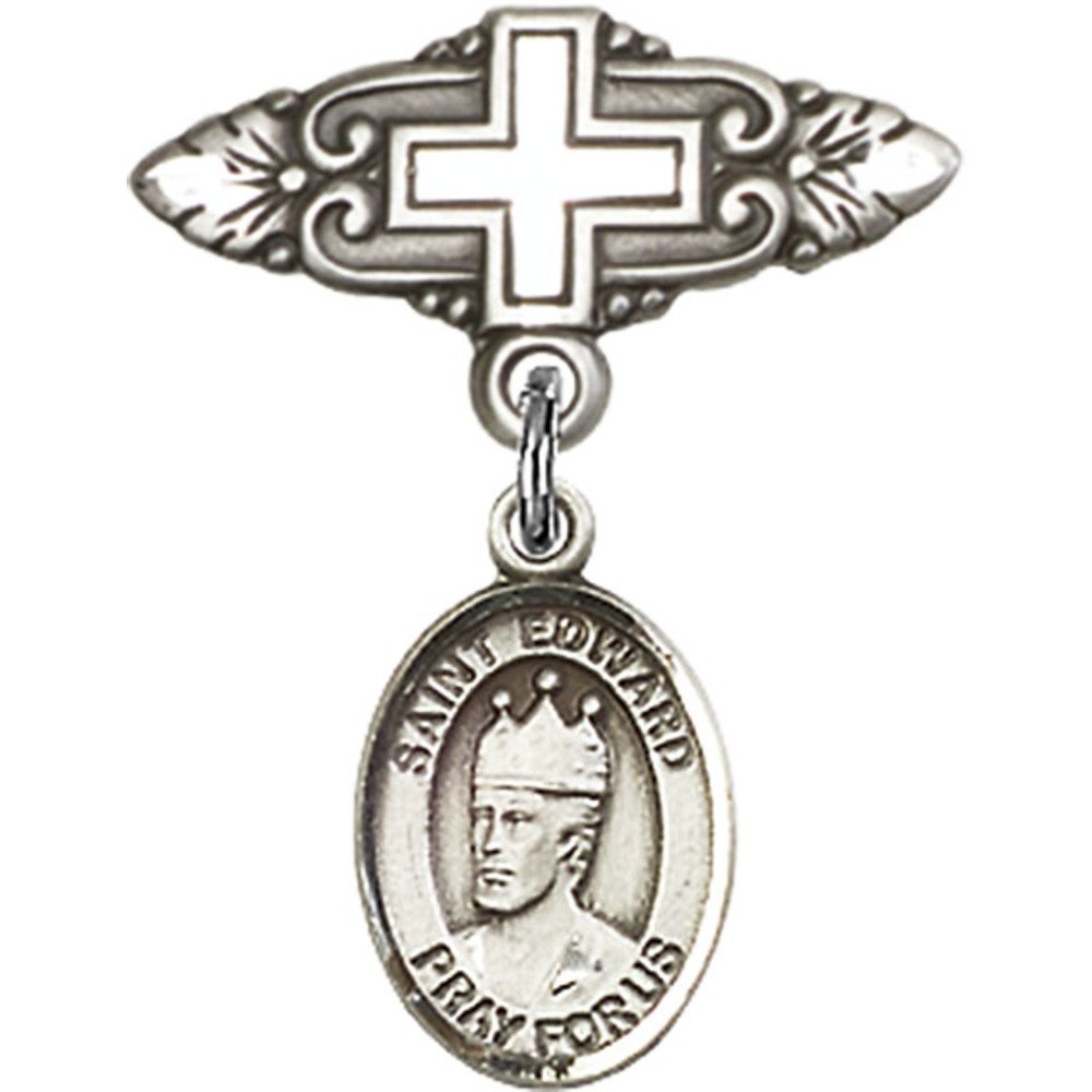 St. Edward The Confestor Sterling Silver Baby Badge with Cross Charm - 1 X 3/4 Inch Religious Pin for Christening, Baptism & First Communion Gifts