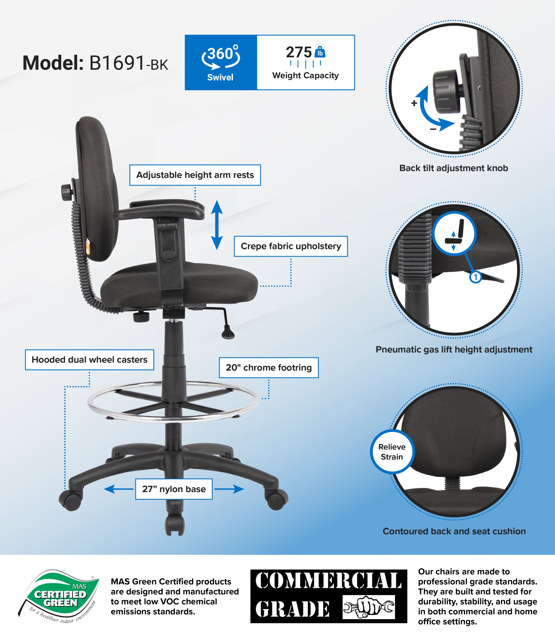 Ergonomic Adjustable Fabric Drafting Stool with Footrest - Perfect for Architects, Artists & Tattoo Studios - Comfortable Seating for Long Work Sessions