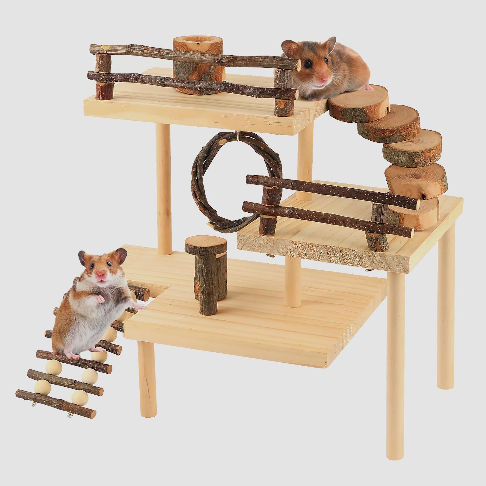 HOSUKKO 3-Tier Extra Large Hamster Climbing Toys - Natural Wooden Small Animal Playground with Bridge for Dwarf Hamsters, Mice & Gerbils - Perfect for Exercise, Exploration & Cage Enrichment (Great Gift for Pet Lovers)