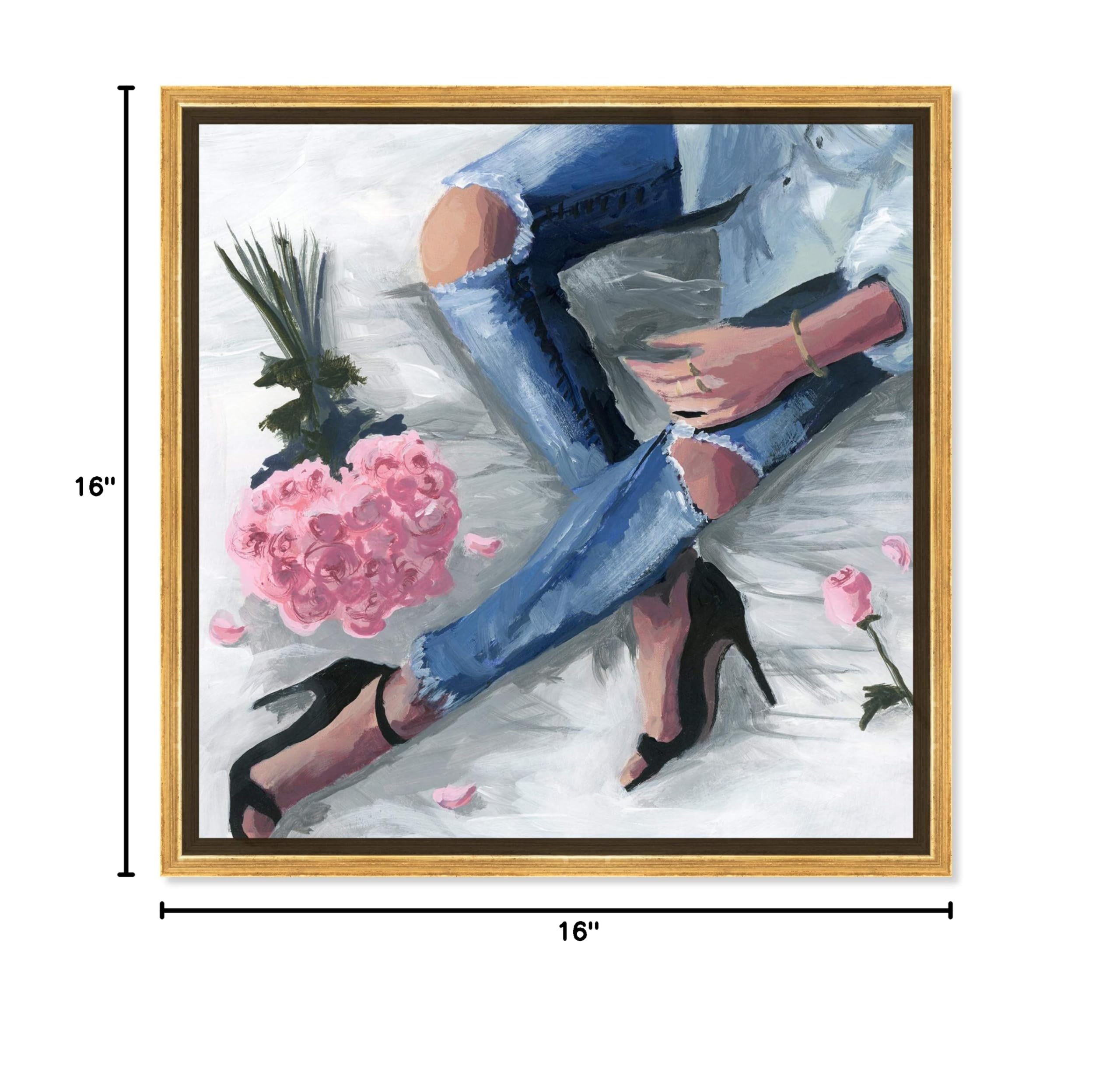 Oliver Gal Artist Co. Fashion & Glam Framed Wall Art Canvas Print - 'Romantic Jeans' Outfits Home Decor - 16x16 Inches - Blue & Pink - Perfect for Living Room, Bedroom & Office Decor