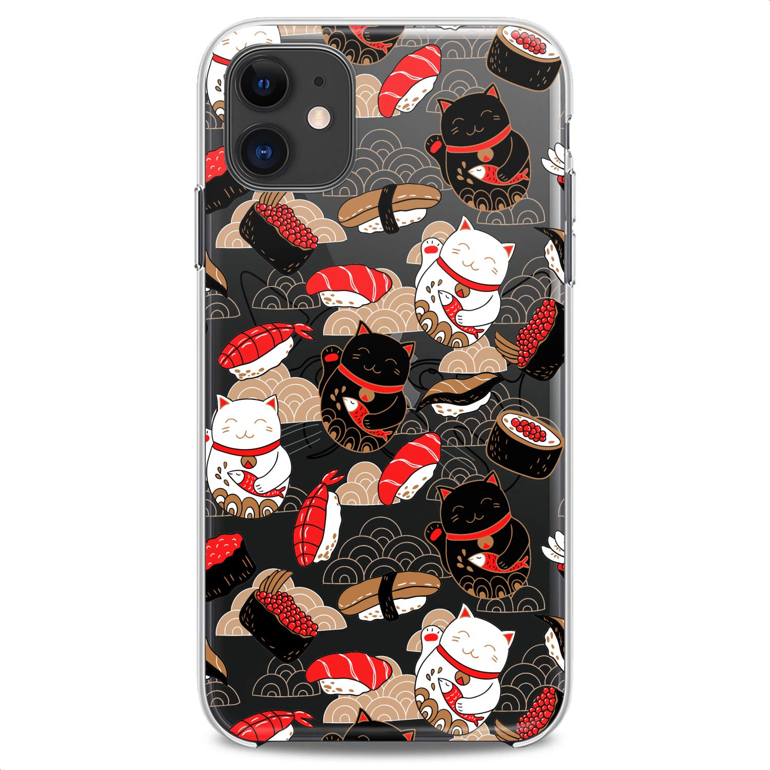 Premium TPU Phone Case for iPhone 16/15/14/13/12/11 Pro Max/Plus/Mini/XS/XR/X/8/7/6/5/SE - Clear Japanese Sushi Kawaii Design with Cute Fish & Cat Prints - Slim Flexible Silicone Protective Cover - Perfect for Everyday Use, Work & Travel