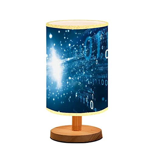 Modern Wooden Table Lamp with Flaxen Fabric Shade - Minimalist Nightstand Light for Bedroom, Living Room & Office - Digital Binary Code Design - Perfect for Reading, Breastfeeding & Ambient Lighting
