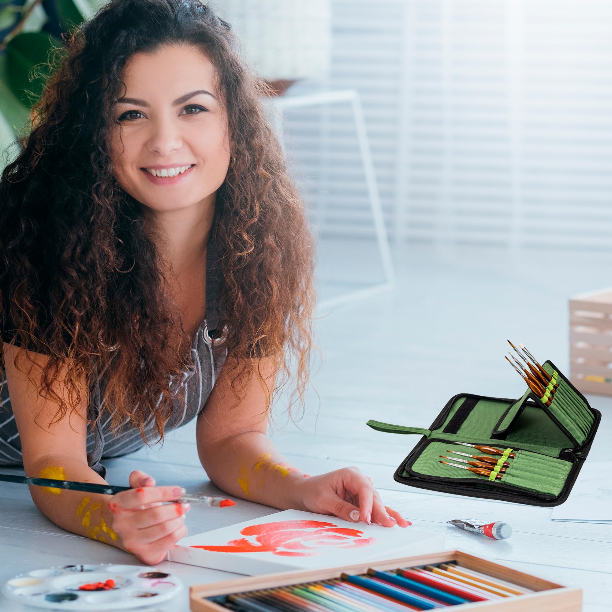 DUGATO Green Canvas Paint Brush Holder & Organizer - 15 Slot Artist Brush Carrying Case for Brushes up to 9.3 Inches (5.4x10.7 Inches) - Perfect for Watercolor, Acrylic & Oil Painting Supplies Storage (Brushes Not Included)