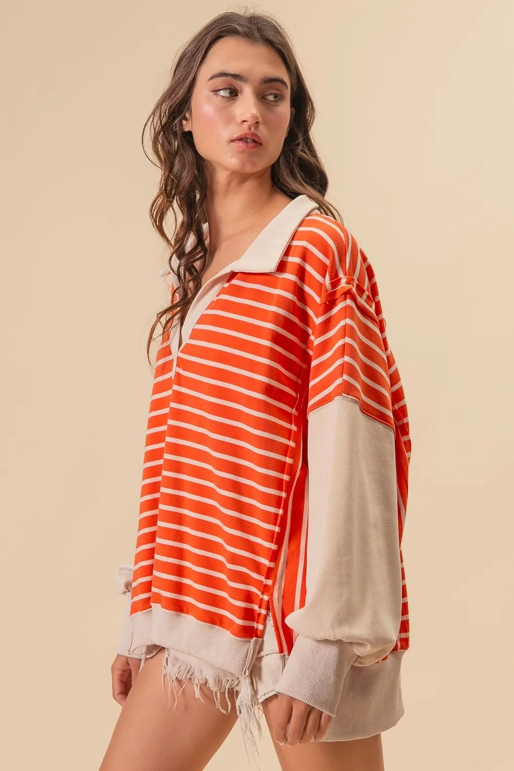 BiBi Stripe Knit Loose Fit T-Shirt with Cut Edge Detail - Casual Women's Top for Everyday Wear, Outings & Layering