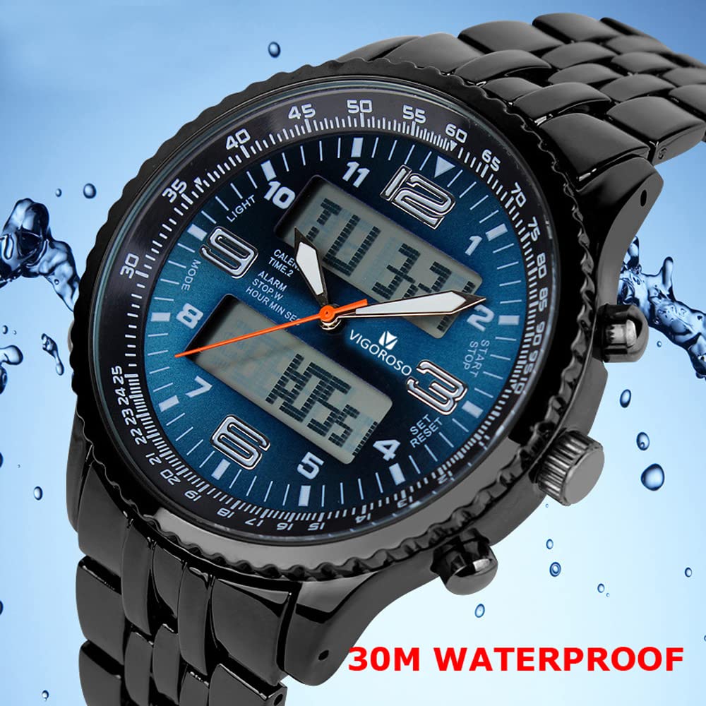 VIGOROSO Men's LED Analog Digital Sports Watch with Date & Week Display - Durable Black Steel Strap for Running, Gym & Outdoor Activities