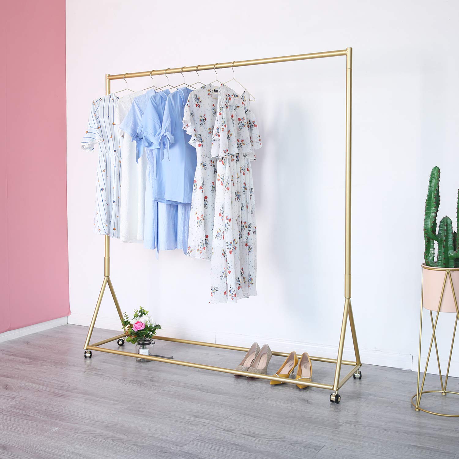 Gold Rolling Clothing Rack with Wheels - 59 Inch Modern Garment Rack for Boutique Display & Retail Store Use | Perfect for Clothing Stores, Home Closet Organization & Fashion Showrooms