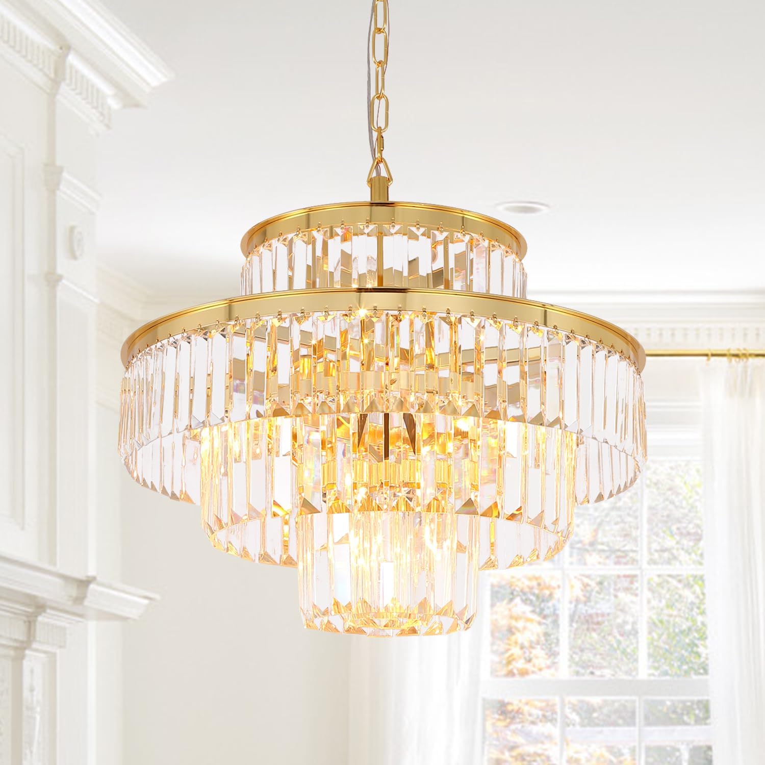 Modern Crystal Chandelier - 6-Light Gold Pendant Ceiling Lamp with 4-Tier Design (20 Inch Diameter) - Elegant Lighting Fixture for Dining Room, Living Room, Foyer & Hallway | Perfect for Home Decor, Wedding Venues and Luxury Interior Design