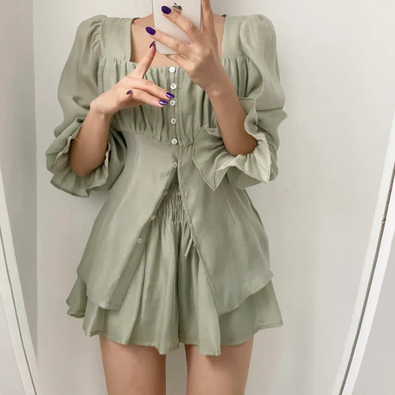 2023 Women's Summer Outfits - Long Sleeve Blouse & Thin Shorts 2-Piece Set | Pure Color Fairy Style | Perfect for Beach Vacations, Date Nights & Casual Outings