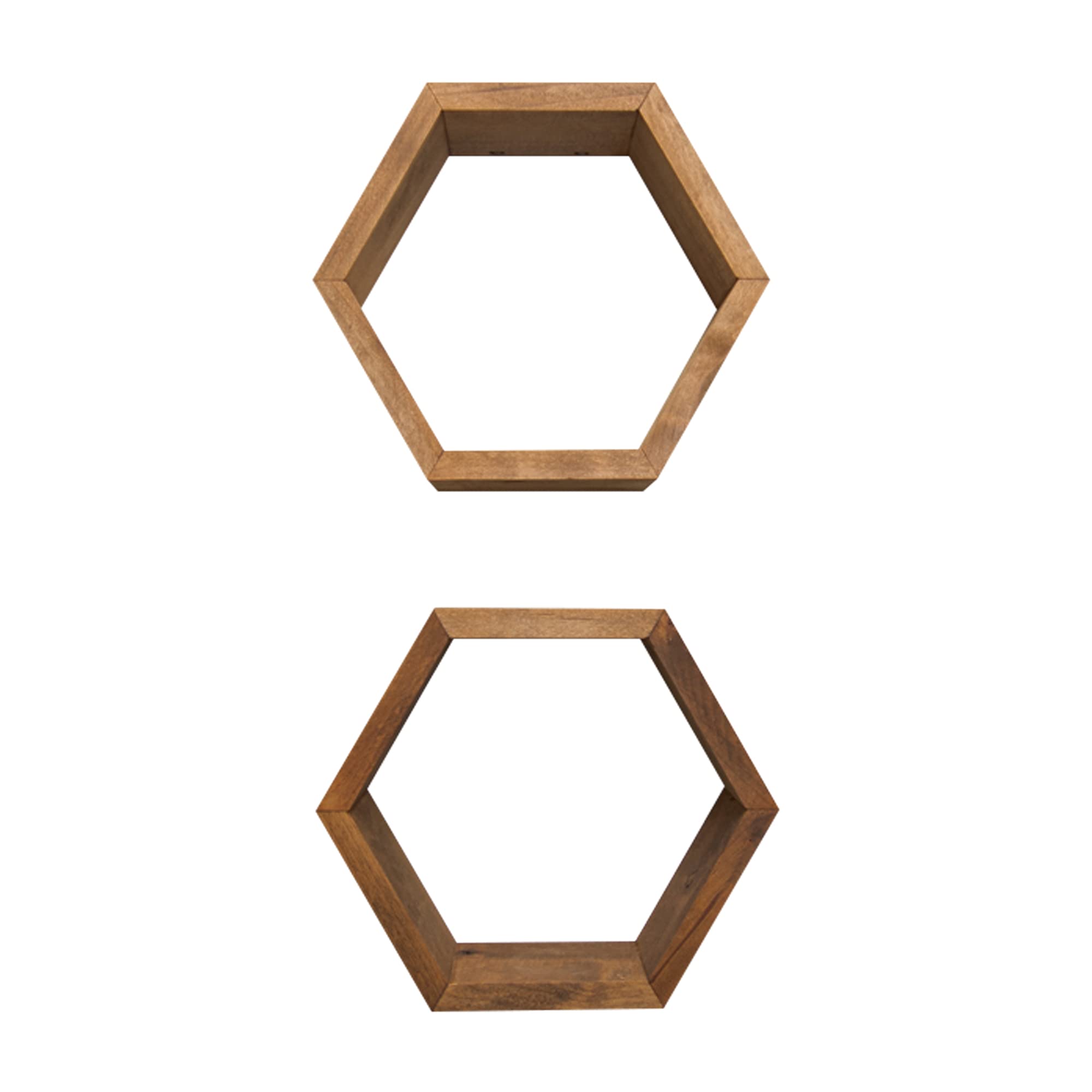 Hexagon Floating Wall Shelves - Farmhouse Style Solid Wood Decorative Bookshelves (2-Pack, Walnut, 10.13