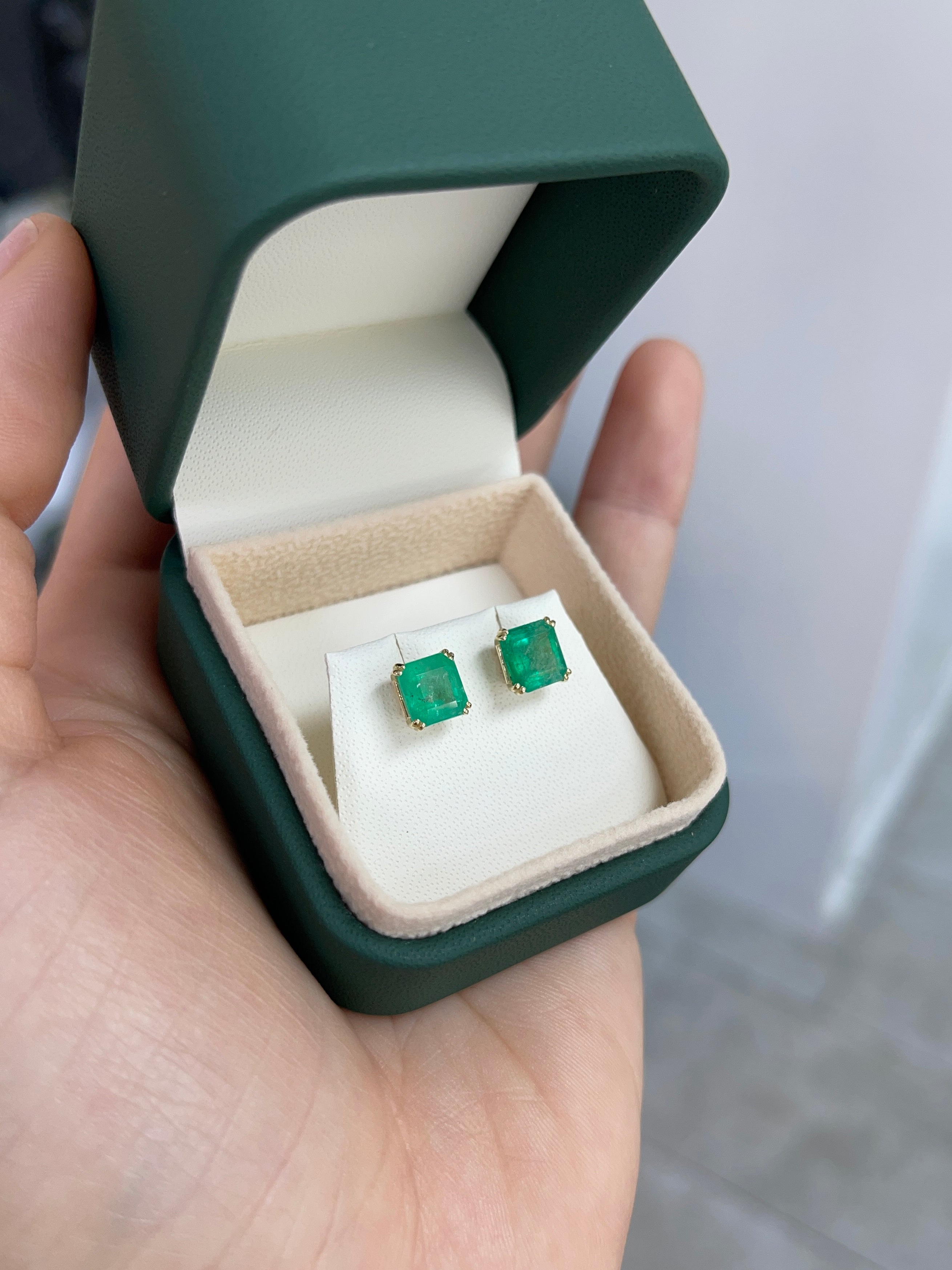 2.45tcw 7x7 Earthy Natural Asscher Cut Colombian Emerald Double Prong Stud Earrings in 14K Gold – Perfect for Weddings, Parties & Everyday Elegance