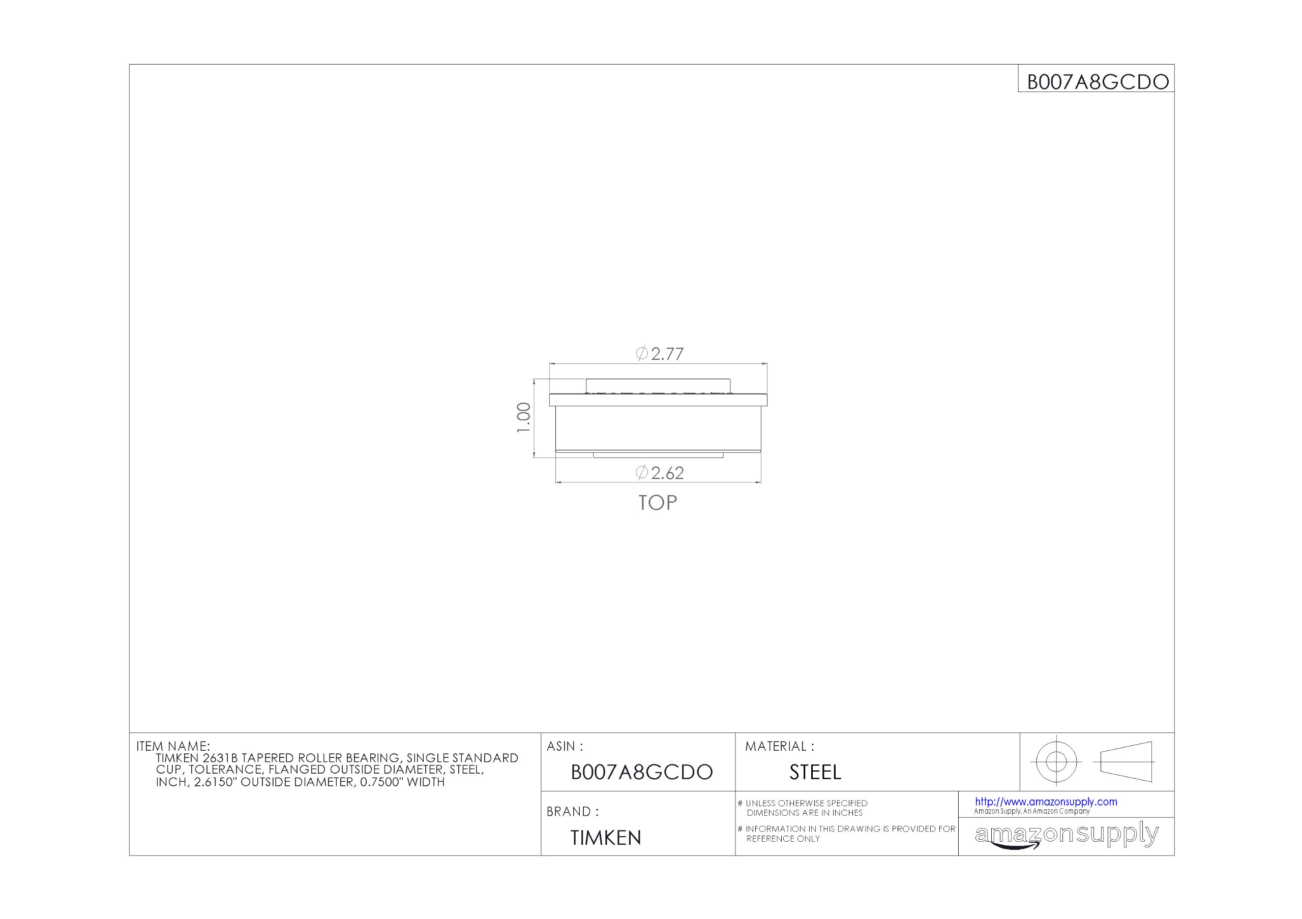 Timken 2631B Tapered Roller Bearing - Single Cup, Standard Tolerance, Flanged OD, Steel Construction, 2.615