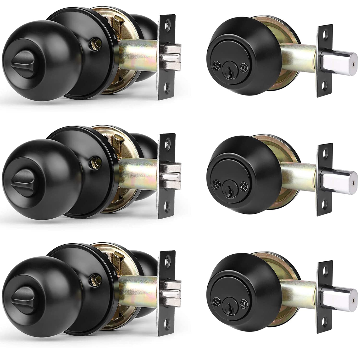 3 Pack Keyed Alike Entry Door Knob & Deadbolt Lock Set - Flat Black Exterior Door Hardware for Front Doors, Double Cylinder Deadbolt & Round Knob Combo - Secure Your Home, Office, or Apartment Entrance