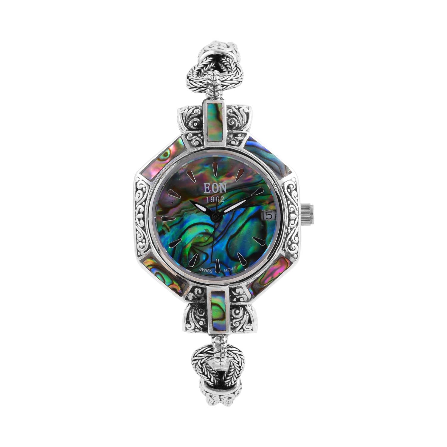 SHOP LC Bali Legacy EON 1962 Abalone Shell Movement 925 Sterling Silver Women's Watch Bracelet (Size 7.50-8