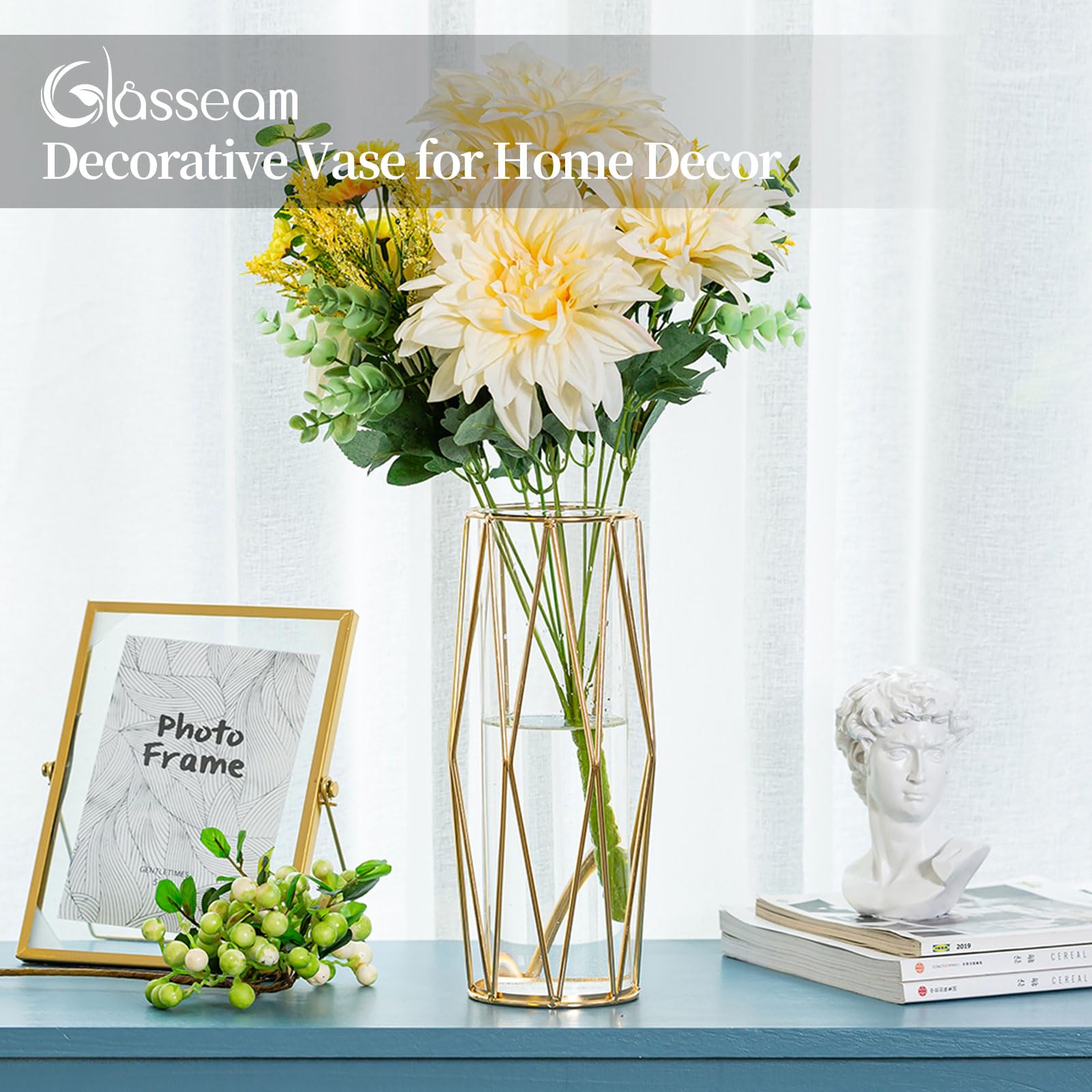 Glasseam Gold Flower Vases Set of 2 - 11 Inch Modern Geometric Metal Vases for Home Decor, Wedding Centerpieces & Table Decorations | Perfect for Living Room, Dining Table & Event Decor