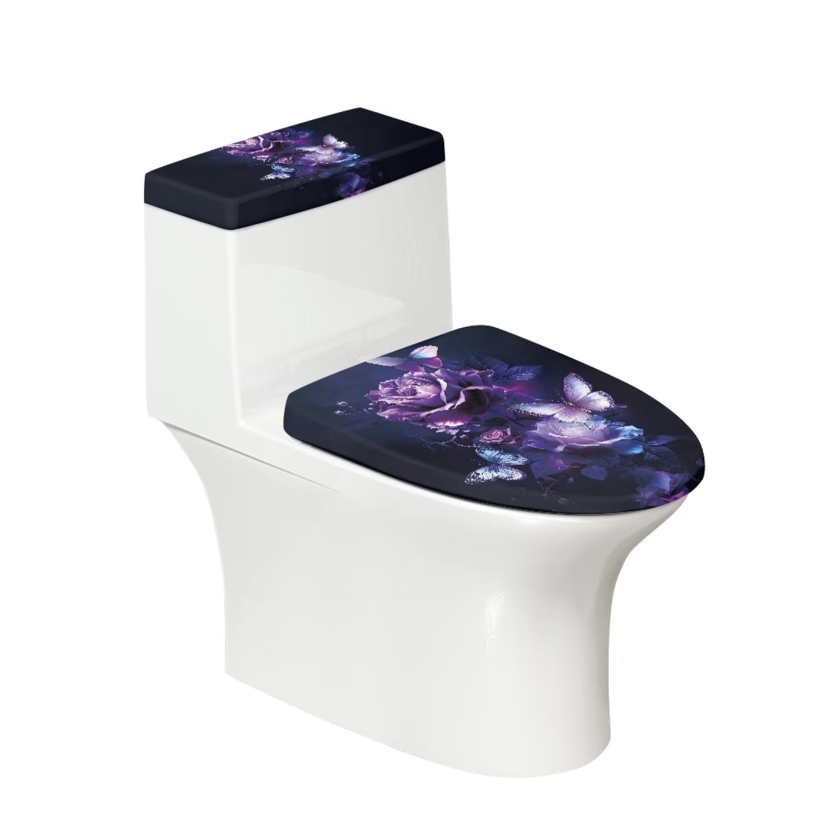 Purple Rose Butterfly Toilet Lid Cover Set of 2 - Waterproof Soft Toilet Seat Covers for Round & Elongated Toilets - Bathroom Decor & Hygiene Accessories for Home, Hotel, or Airbnb Use