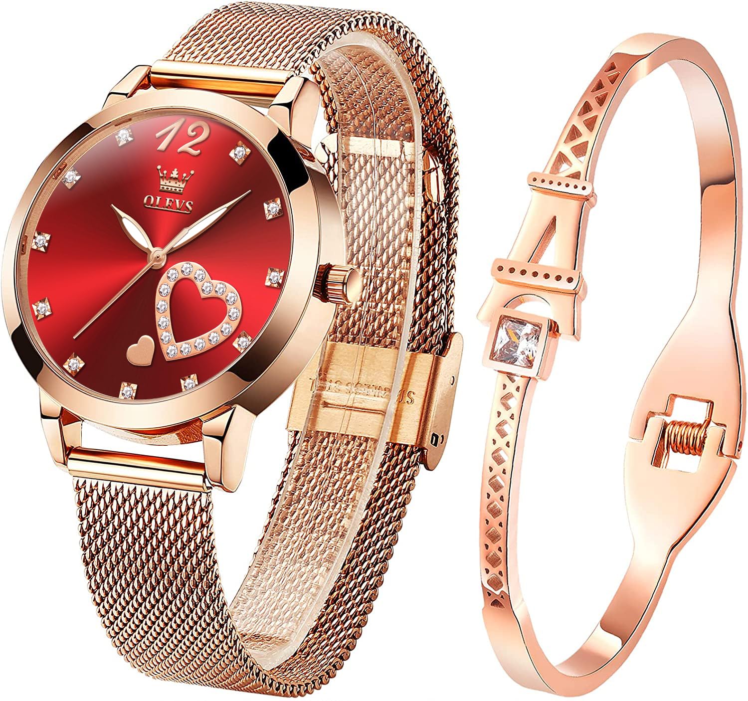 OLEVS Women's Rose Gold Minimalist Watch & Bracelet Set - Slim Analog Quartz Wristwatch for Ladies, Waterproof Two-Tone Dress Watch for Everyday Wear, Office & Special Occasions