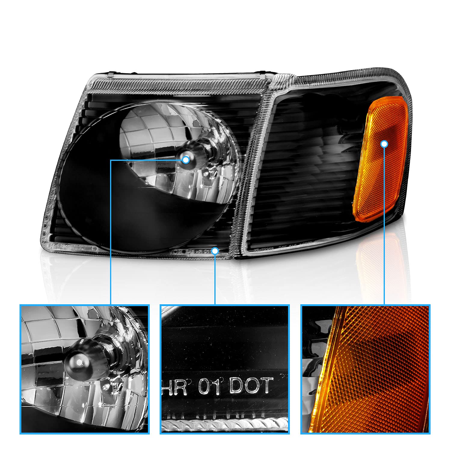 2001-2005 Ford Explorer Sport Trac Replacement Headlights - Crystal Black LED Headlight Assembly with Corner Lamps (Driver & Passenger Side) - Perfect for Night Driving & Off-Road Adventures