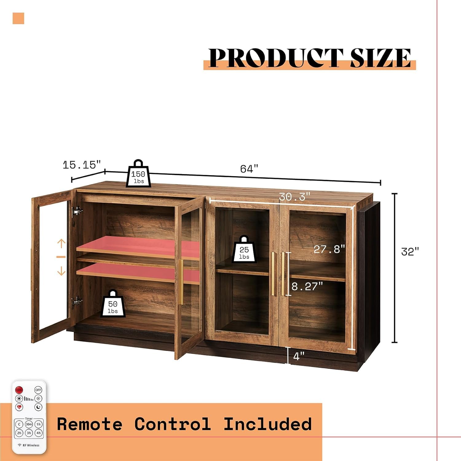 AMERLIFE Modern Sideboard Buffet Cabinet with LED Lights & Glass Doors - Adjustable Shelf Storage Console Table for Dining & Living Room - Barnwood & Brown Accent Furniture (Perfect for Home Decor, Entertaining & Displaying Collectibles)