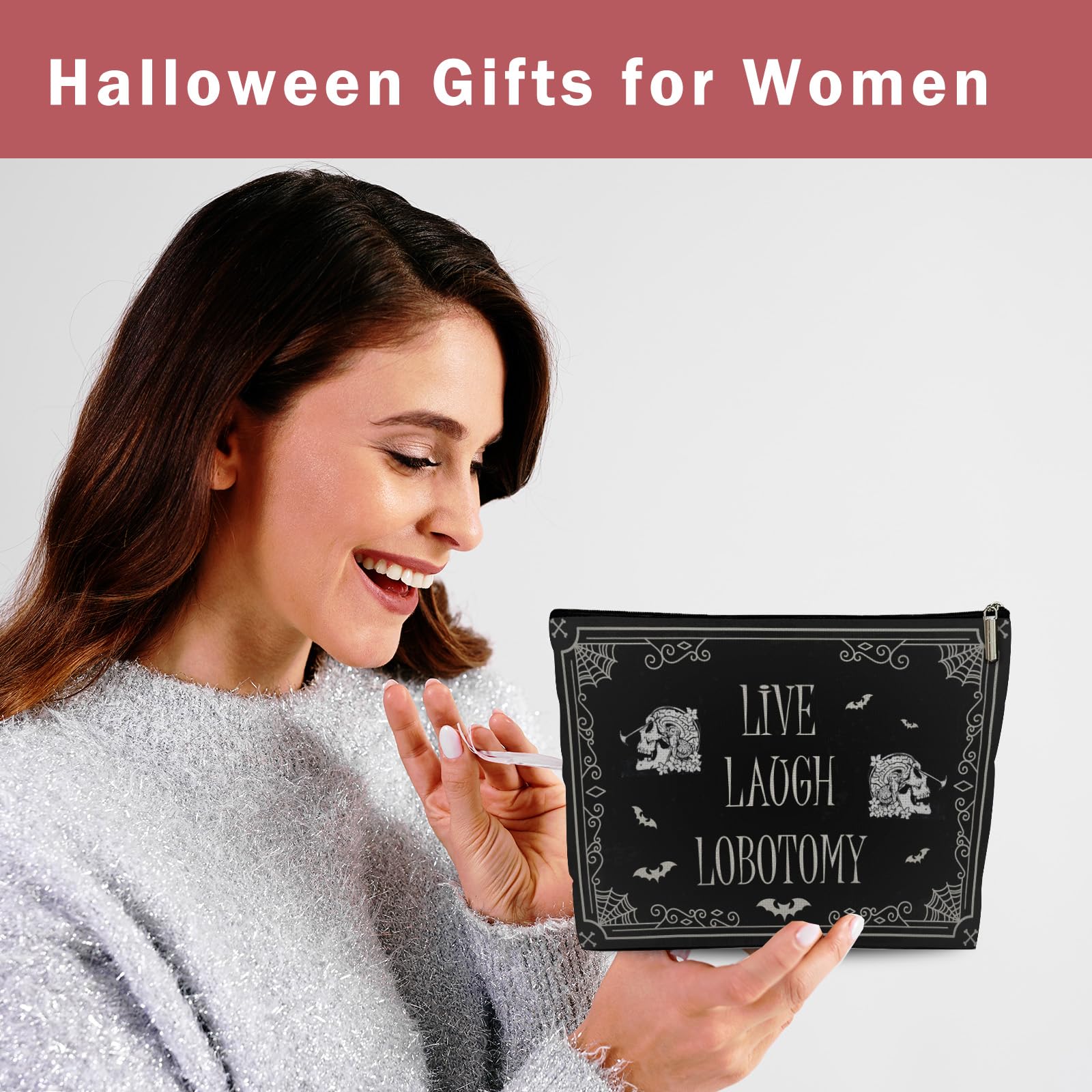 Funny Dark Humor Goth Makeup Bag for Women - Live Laugh Lobotomy Cosmetic Pouch with Zipper, Unique Gothic Birthday Gift Idea for Her - Perfect for Halloween, Alternative Fashion & Everyday Use