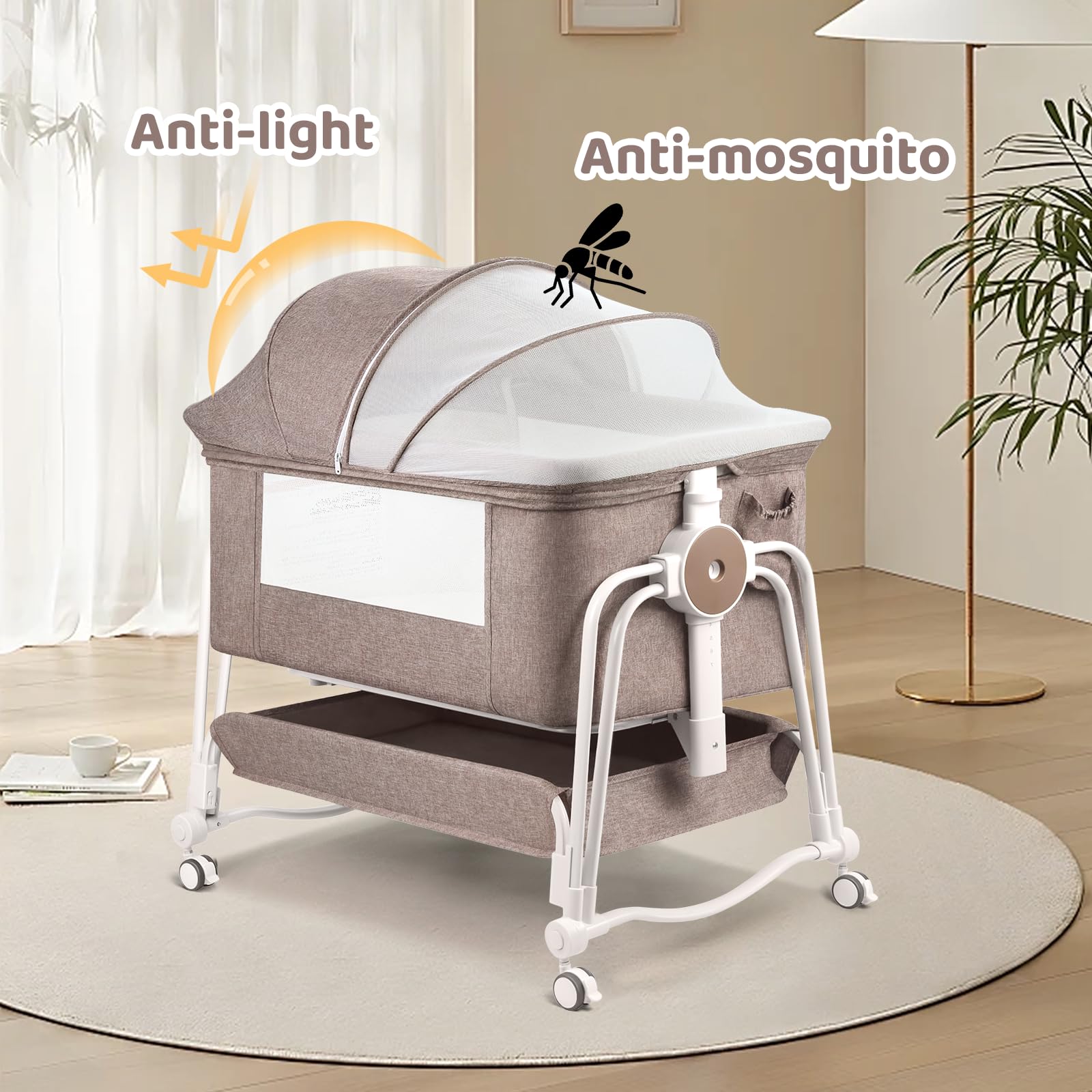 4-in-1 Adjustable Baby Bassinet with Lockable Wheels, Storage & Mosquito Net - 7-Level Height Adjustment for Newborns (Khaki) | Perfect for Bedside Sleeping, Nursery & Travel
