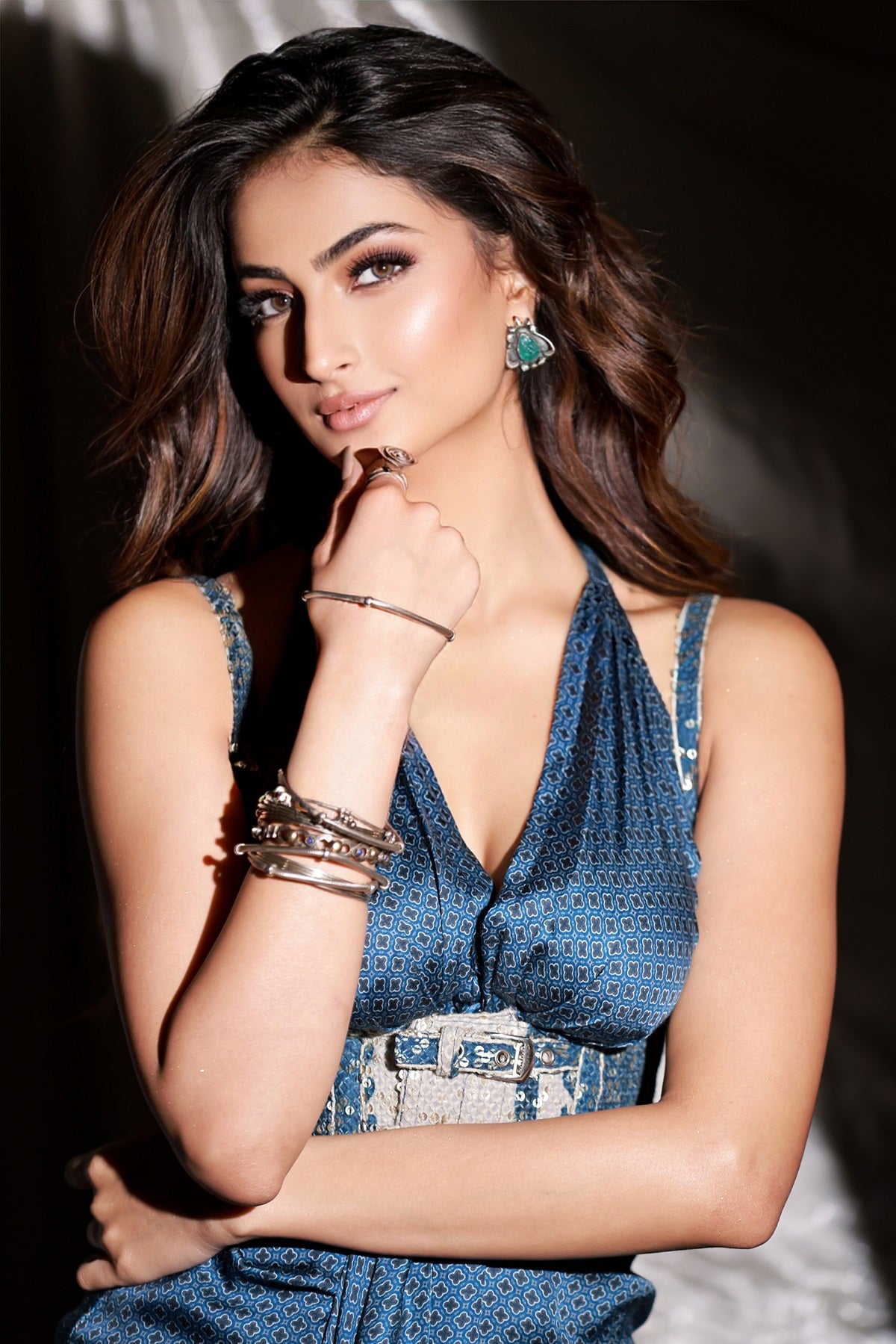 Palak Tiwari Indigo Blue Quatrefoil Dress with Blue Tile Print Sheeted Girdle - Elegant Boho Chic Dress for Parties, Weddings & Special Occasions