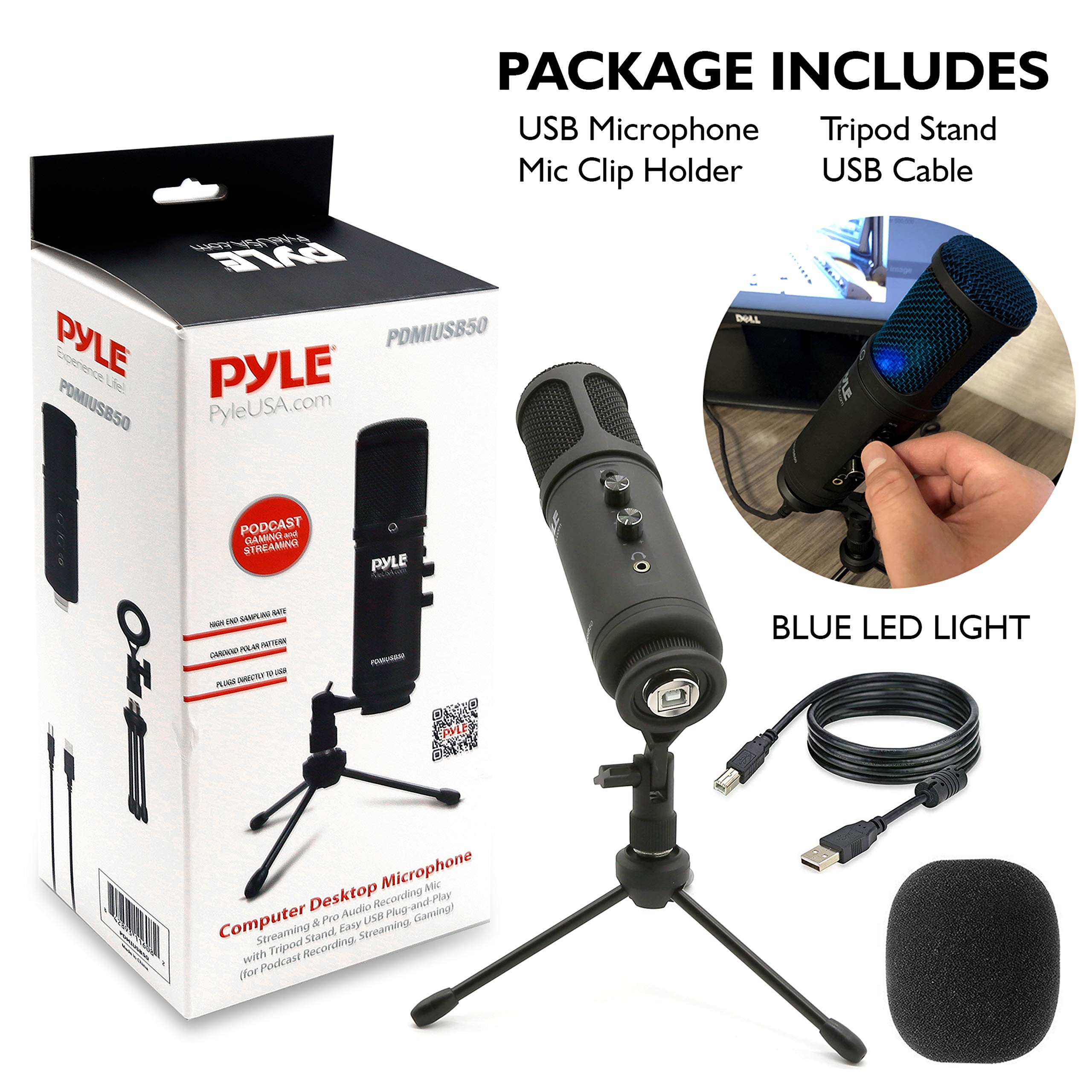 Professional USB Condenser Microphone with Blue LED, Adjustable Gain & Mute Control - Studio Quality PC Mic with Headphone Jack & Tripod Stand for Podcasting, Streaming, Gaming, Voice Recording & Home Studio Setup