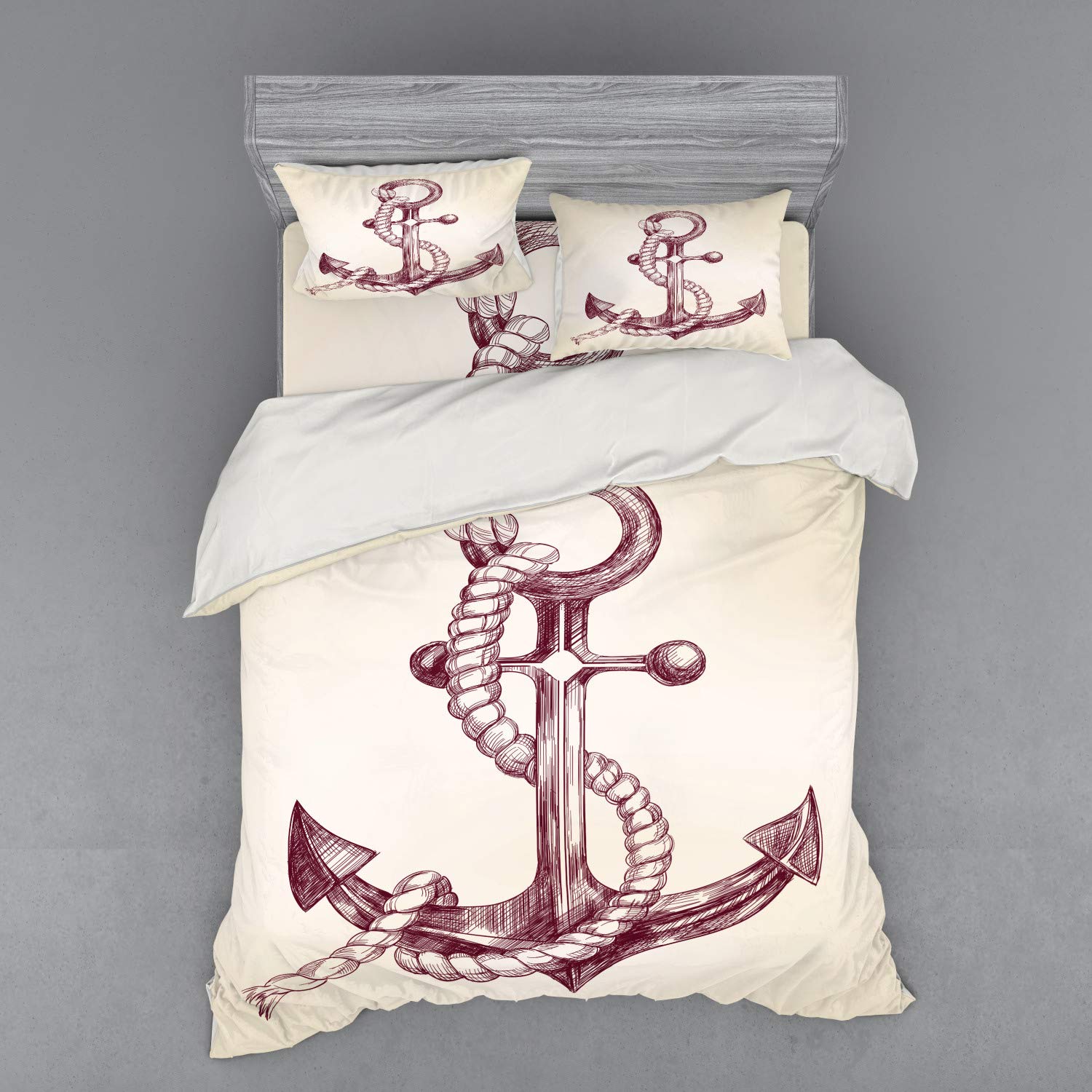 Ambesonne Vintage Anchor Bedding Set - 4 Piece Queen Size Duvet Cover with Shams & Fitted Sheet, Realistic Hand-Drawn Marine Sketch Design in Dark Mauve Cream | Perfect for Nautical Themed Bedrooms, Cruise Ship Cabins & Coastal Home Decor